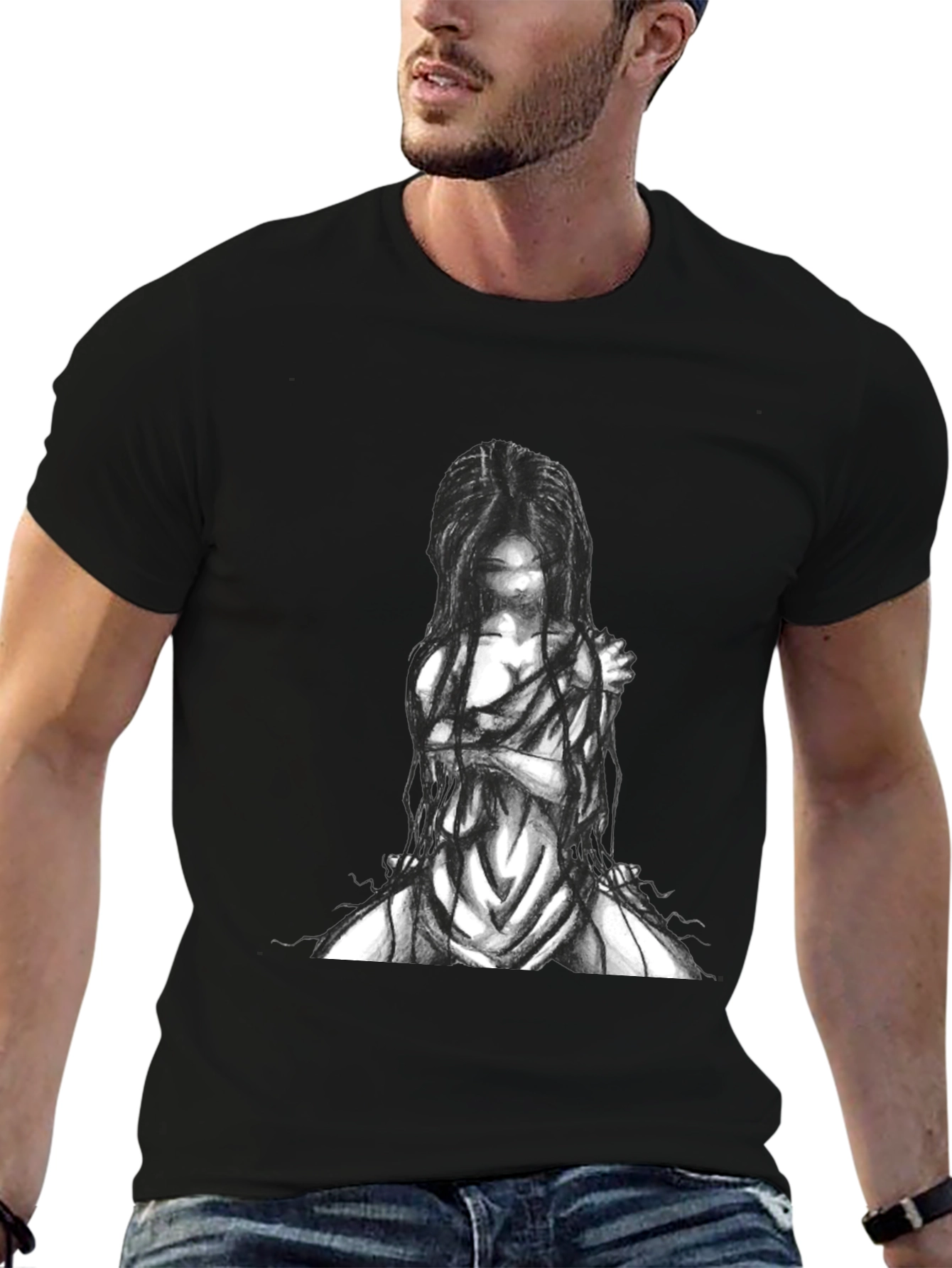 Black Graphic Tee - Ghostly Figure