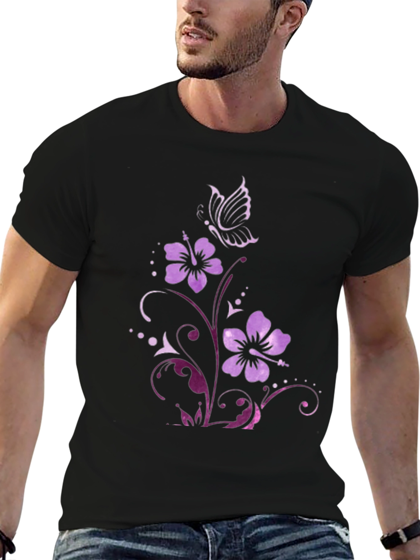 Floral Butterfly Graphic Tee - Mens Black T-Shirt