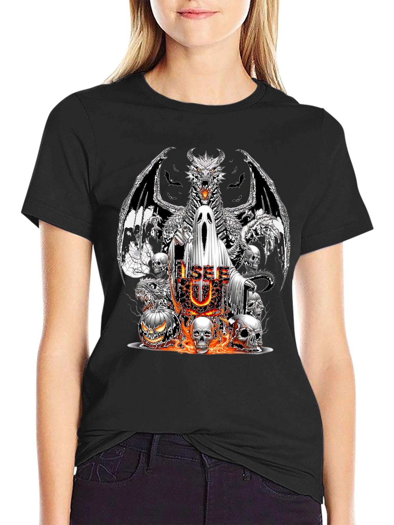 Halloween Dragon Ghost & Skull Graphic T-Shirt