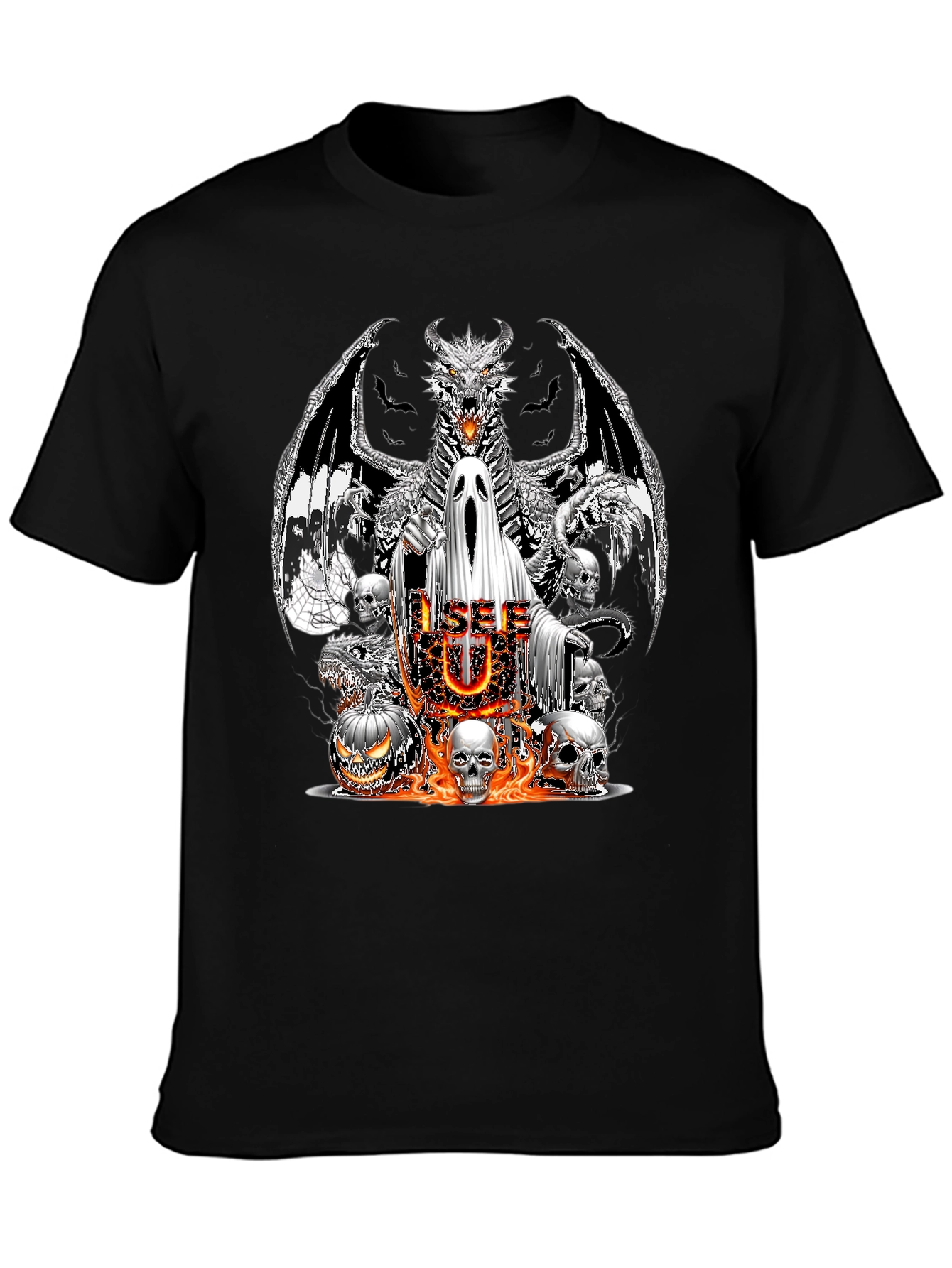Halloween Dragon Ghost & Skull Graphic T-Shirt