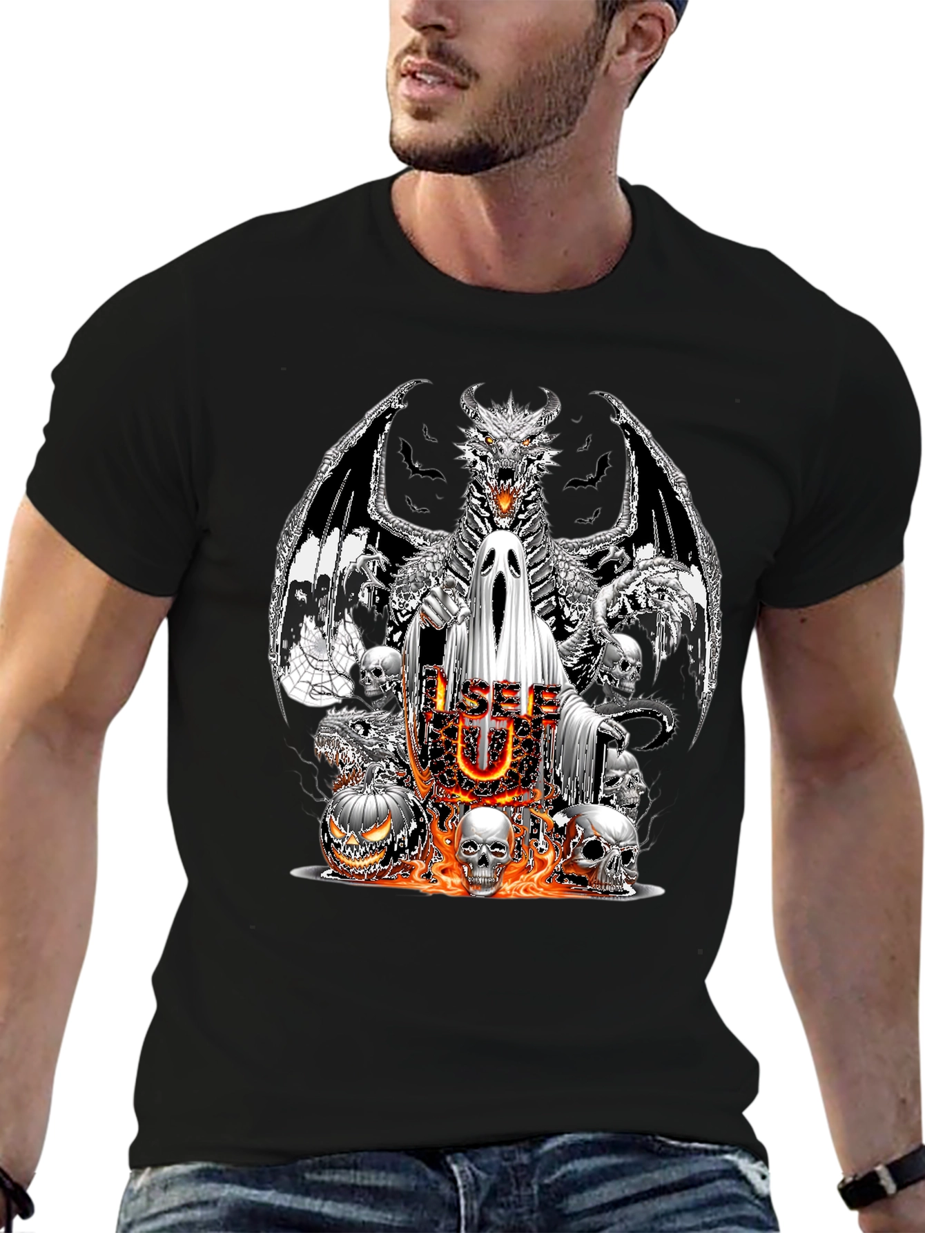 Halloween Dragon Ghost & Skull Graphic T-Shirt