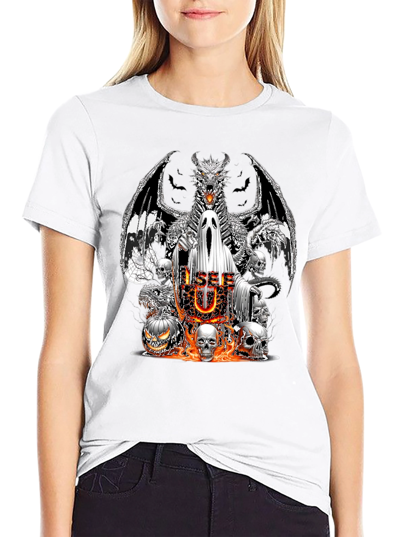 Halloween Dragon Ghost & Skull Graphic T-Shirt