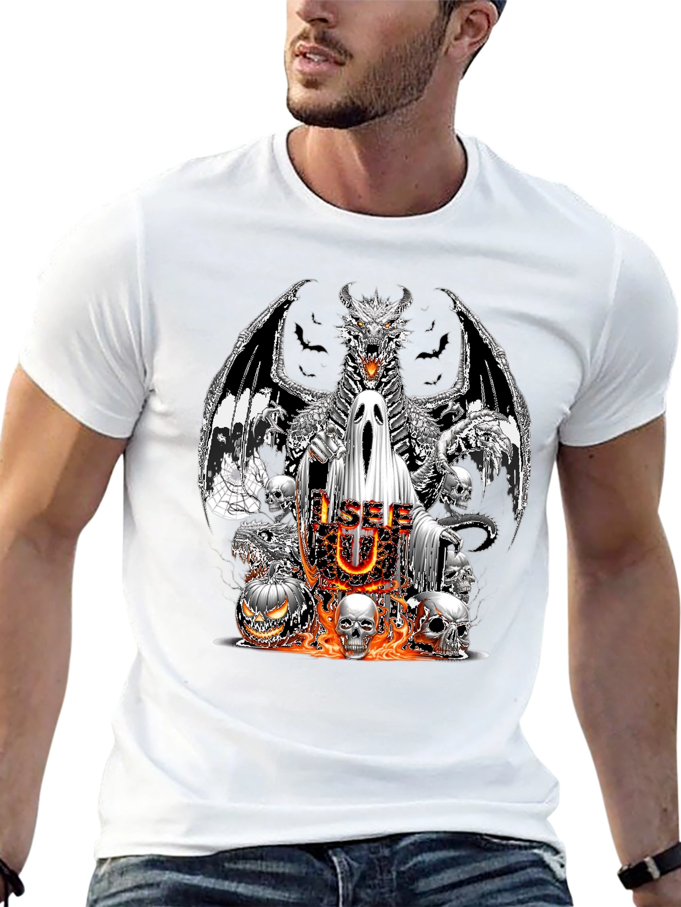 Halloween Dragon Ghost & Skull Graphic T-Shirt