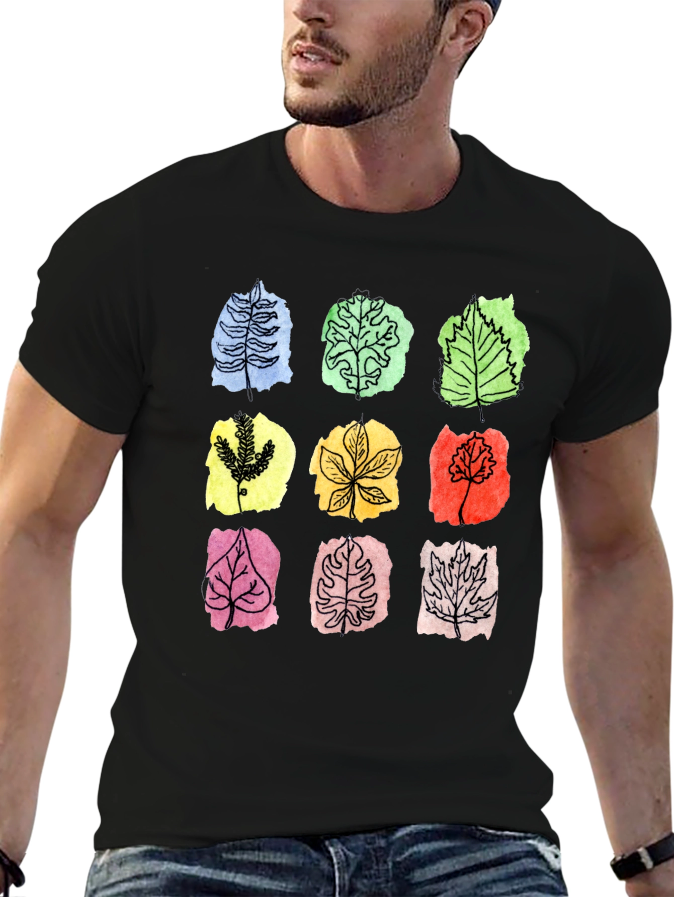 Botanical Leaf Print Black T-Shirt