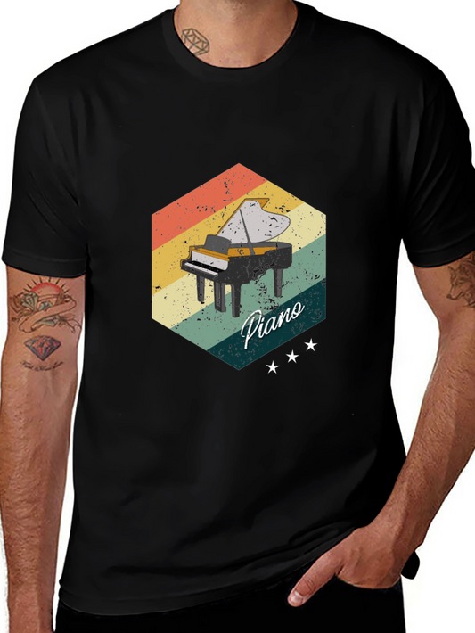 Vintage Piano Graphic Tee - Retro Style Black T-Shirt