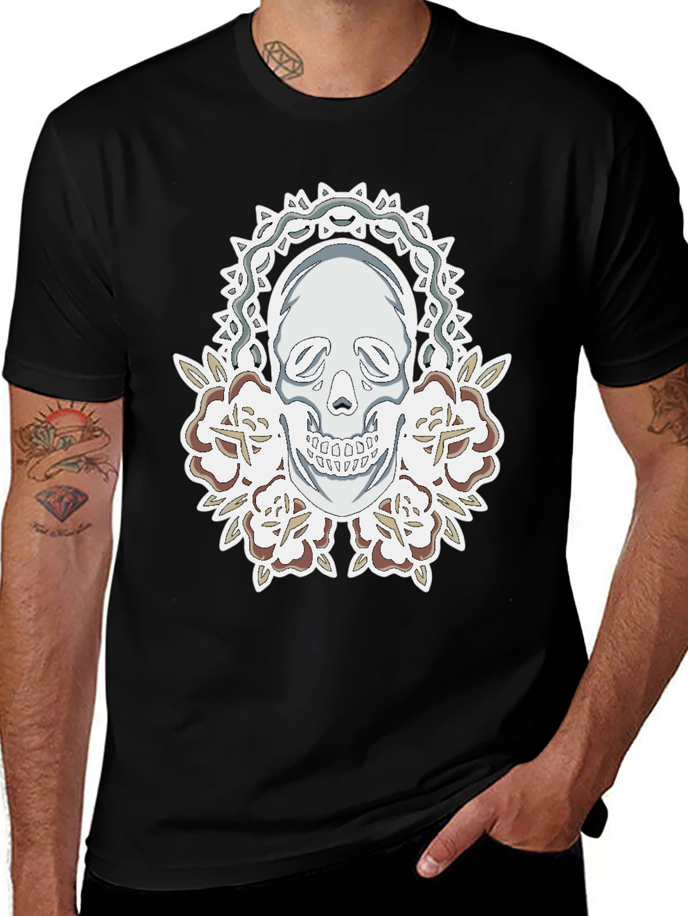 Skull & Roses Graphic Tee - Mens Black T-Shirt