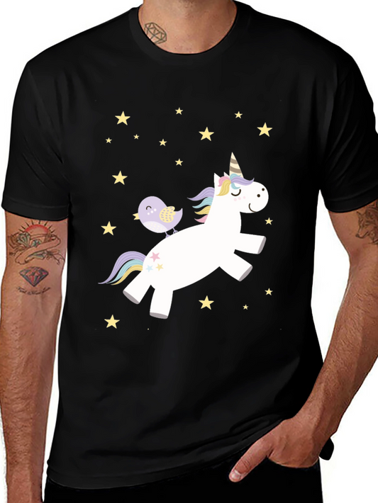 Unicorn & Bird Graphic Tee - Fun Black T-Shirt