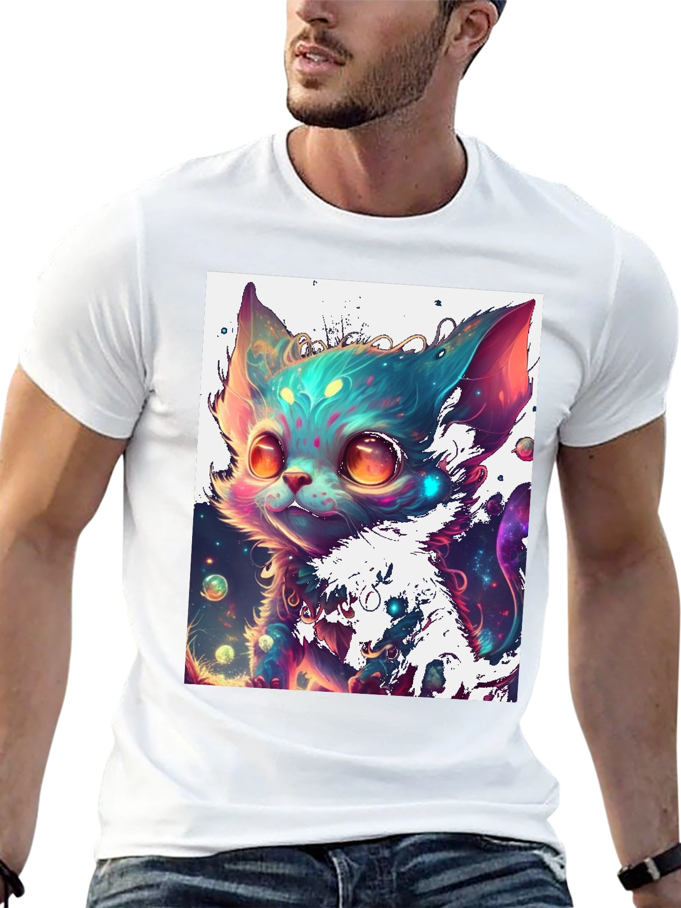 Cosmic Kitten Graphic Tee - Black Cotton Blend
