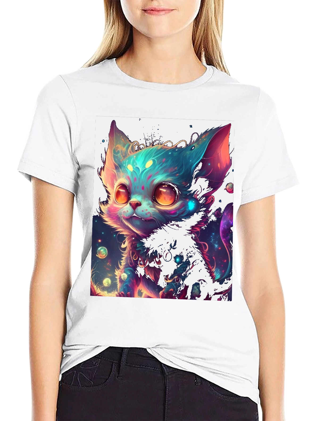 Cosmic Kitten Graphic Tee - Black Cotton Blend