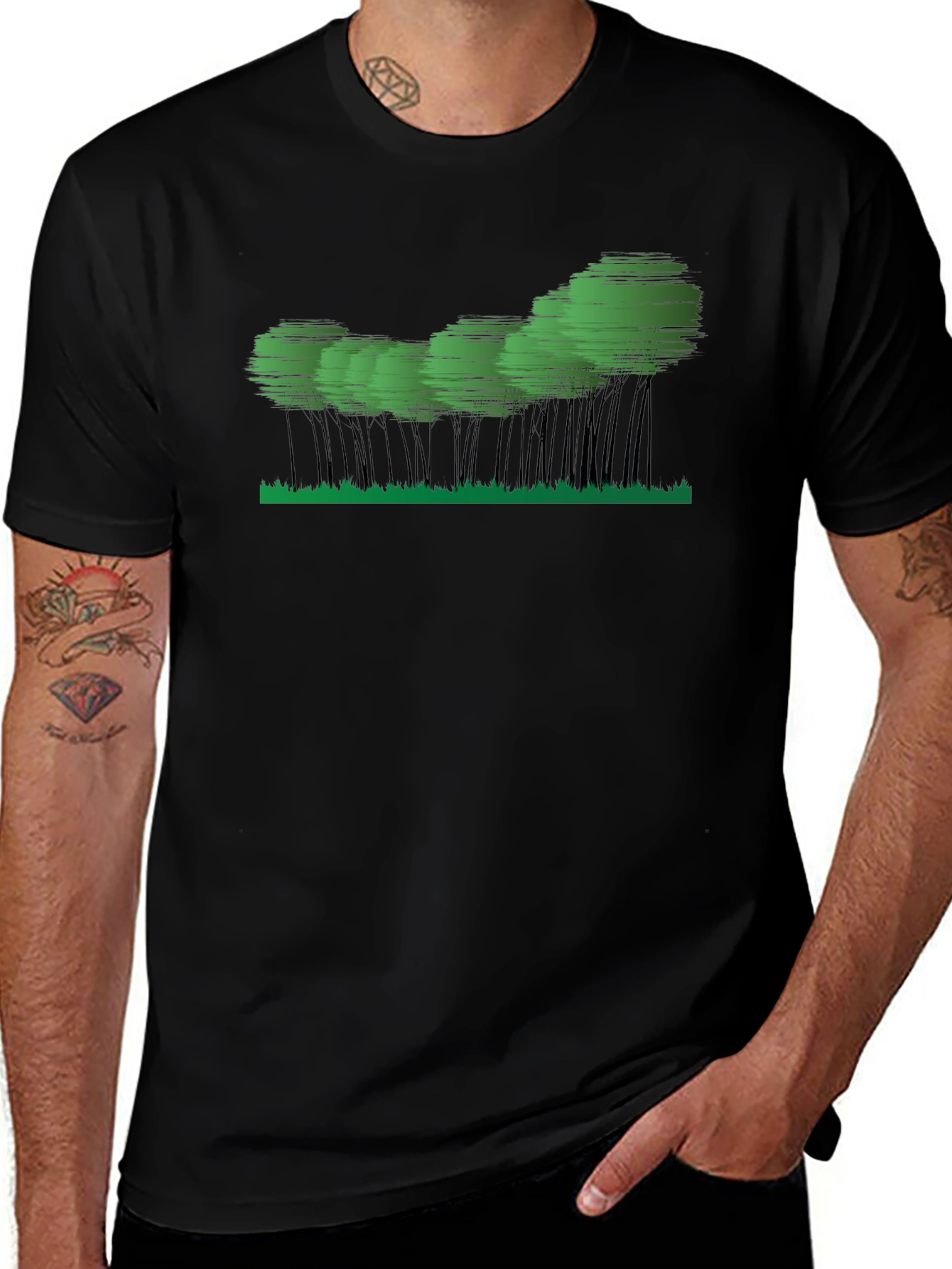Mens Black Graphic Tee - Abstract Forest Design