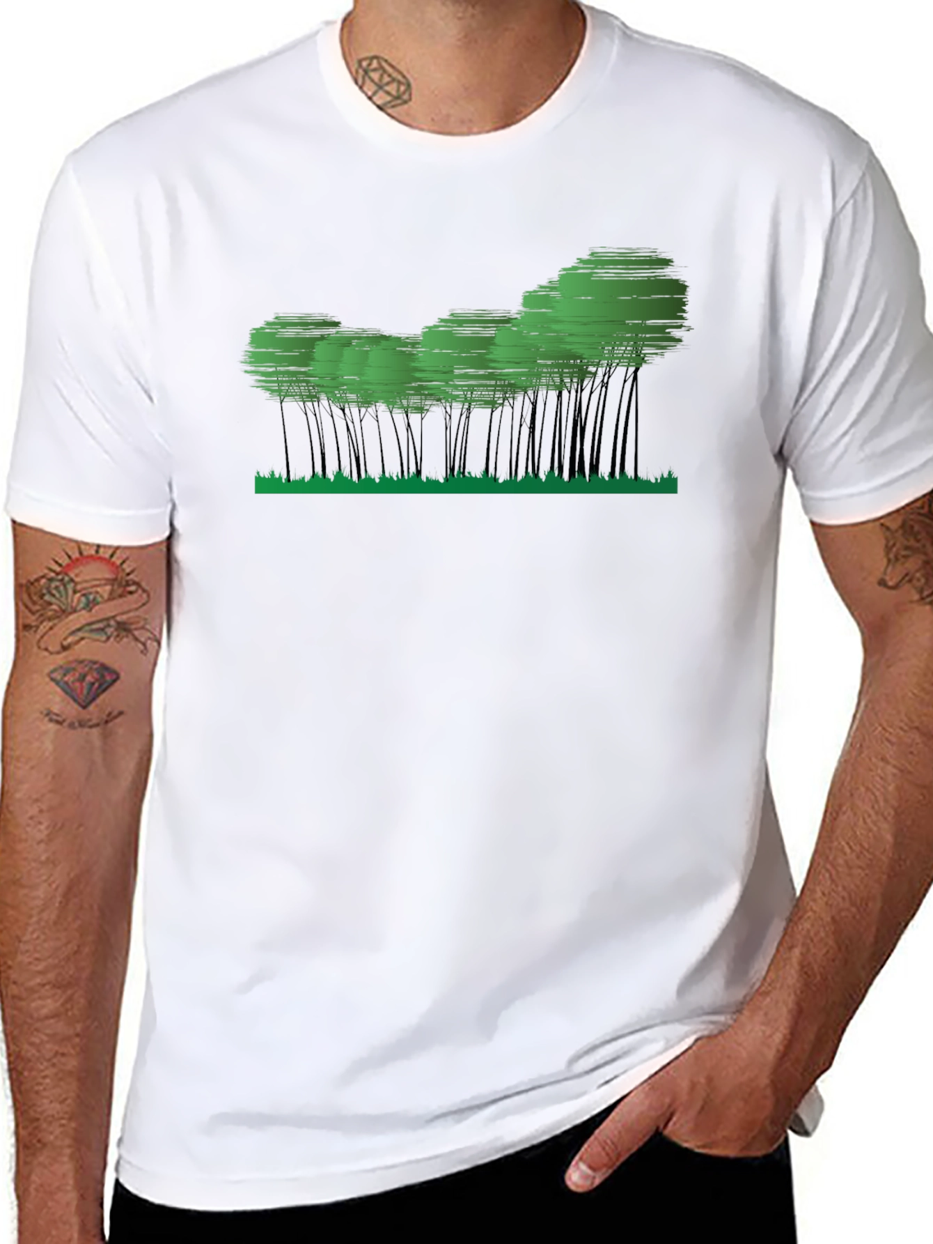 Mens Black Graphic Tee - Abstract Forest Design