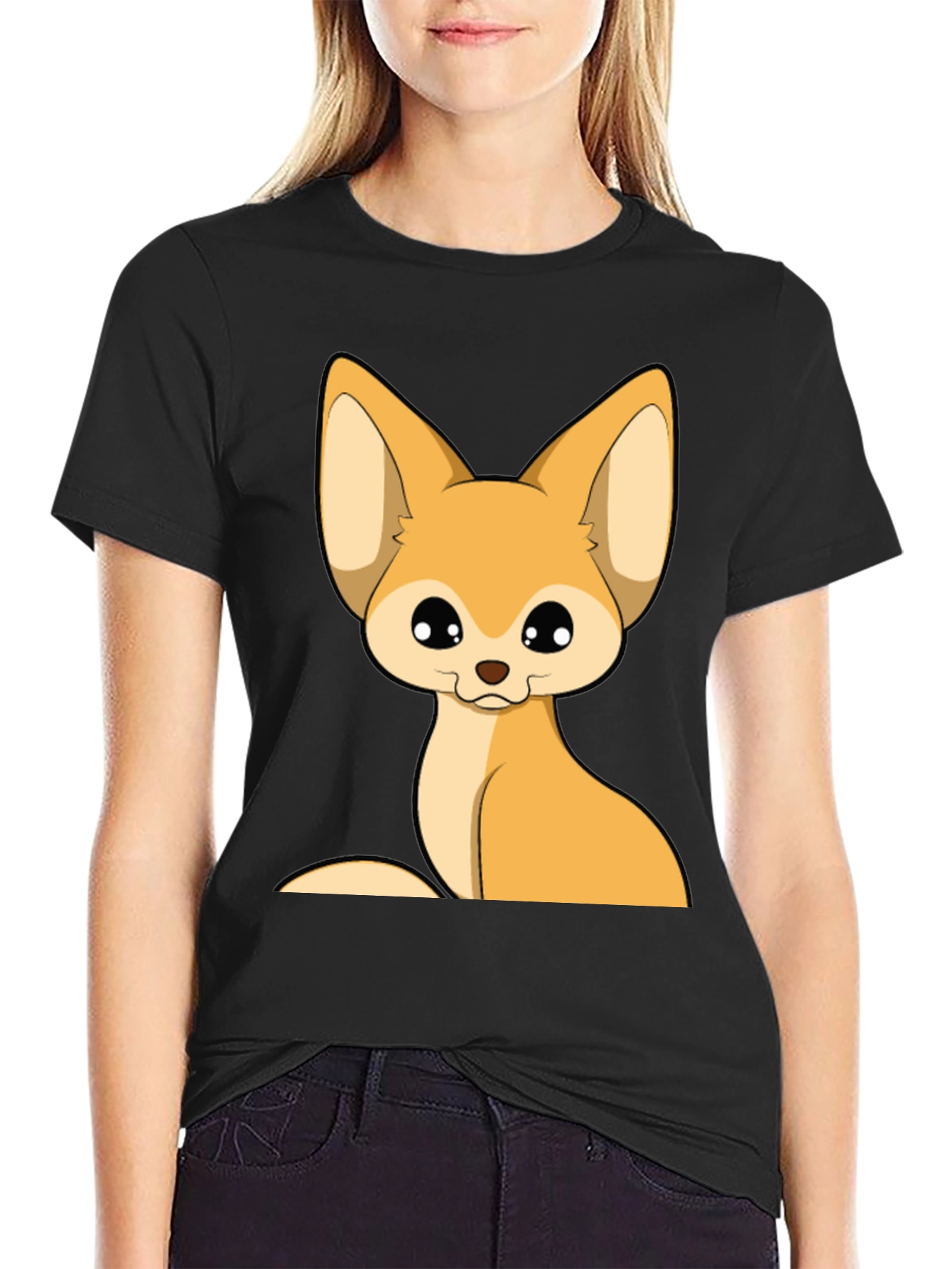 Cute Fennec Fox Graphic Tee - Black Cotton T-Shirt
