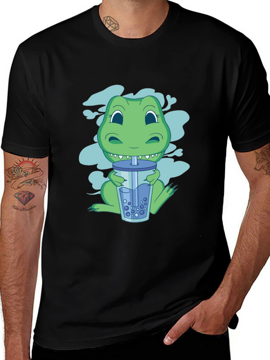 Dino Boba Tea Graphic Tee - Black Cotton T-Shirt