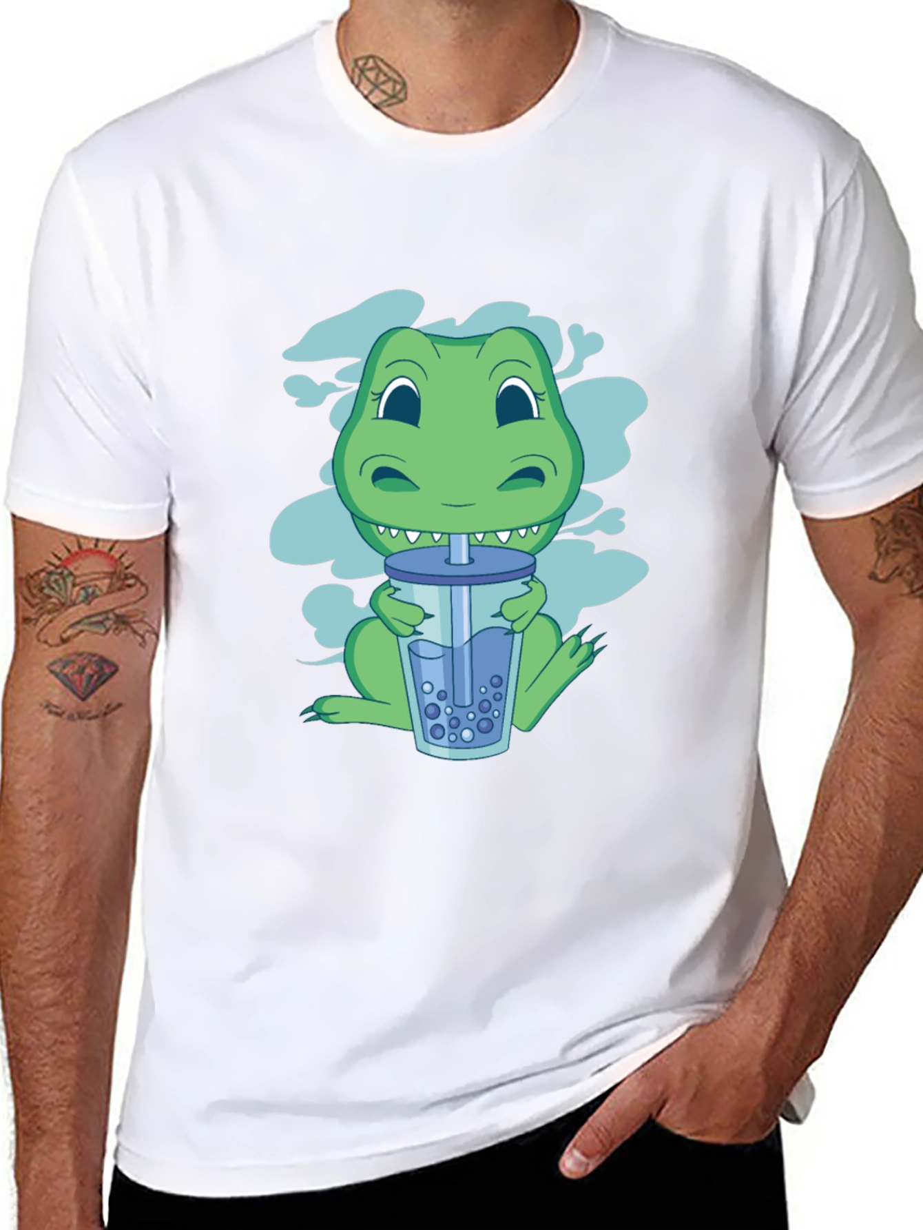 Dino Boba Tea Graphic Tee - Black Cotton T-Shirt