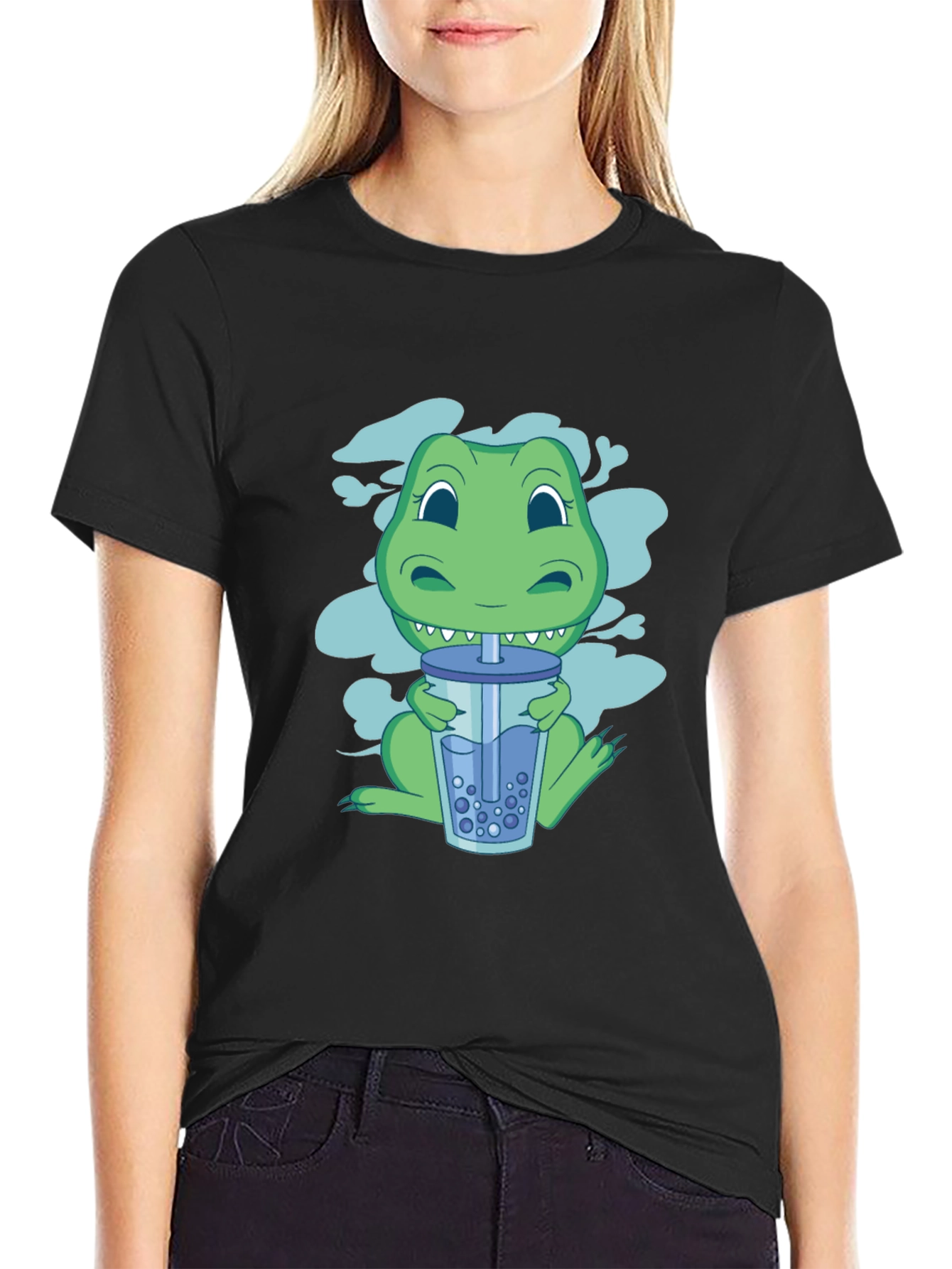 Dino Boba Tea Graphic Tee - Black Cotton T-Shirt