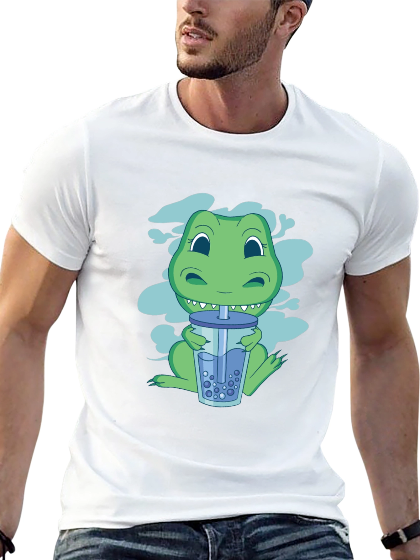 Dino Boba Tea Graphic Tee - Black Cotton T-Shirt