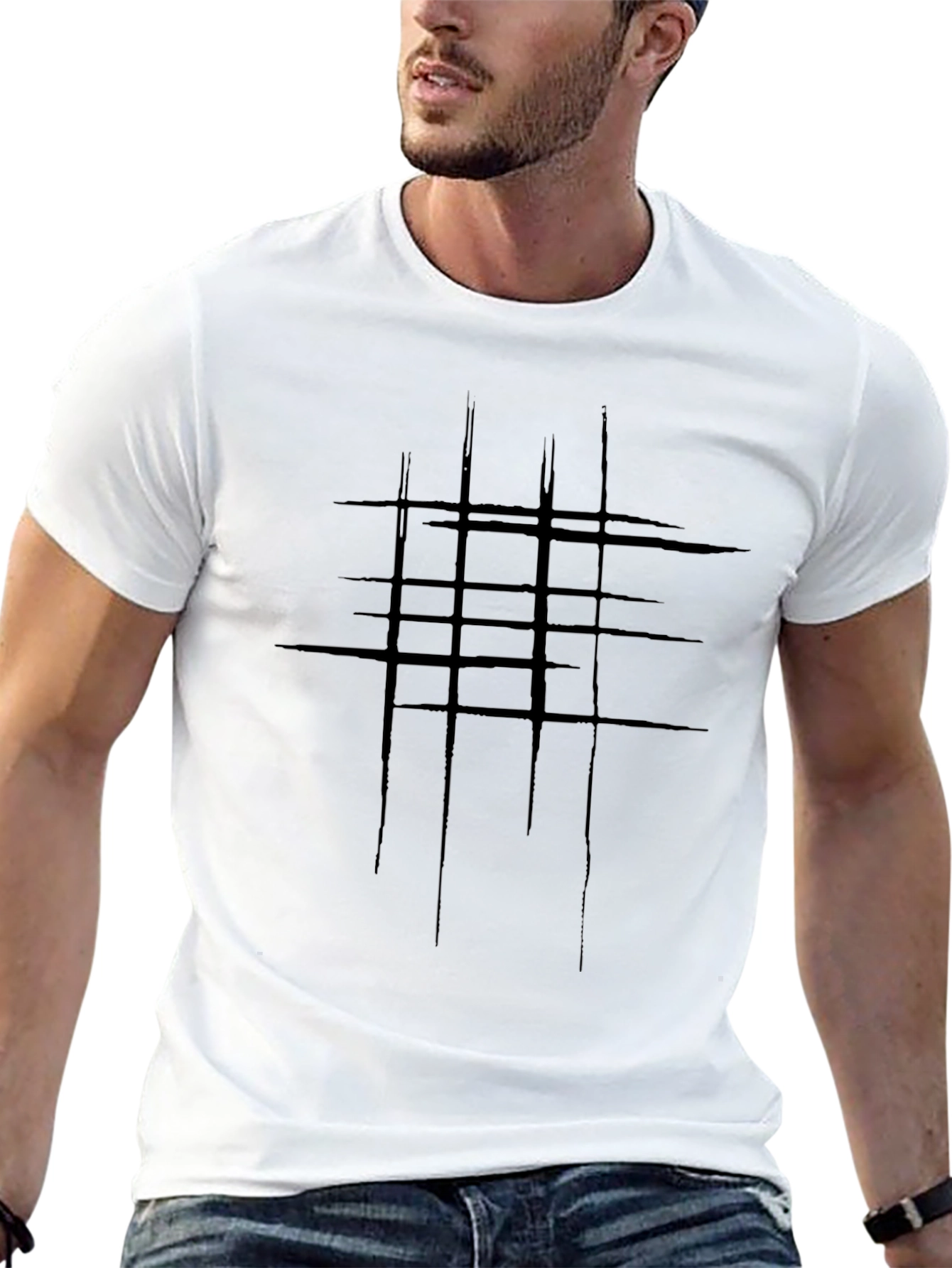 Mens Black Graphic Tee - Abstract Line Design