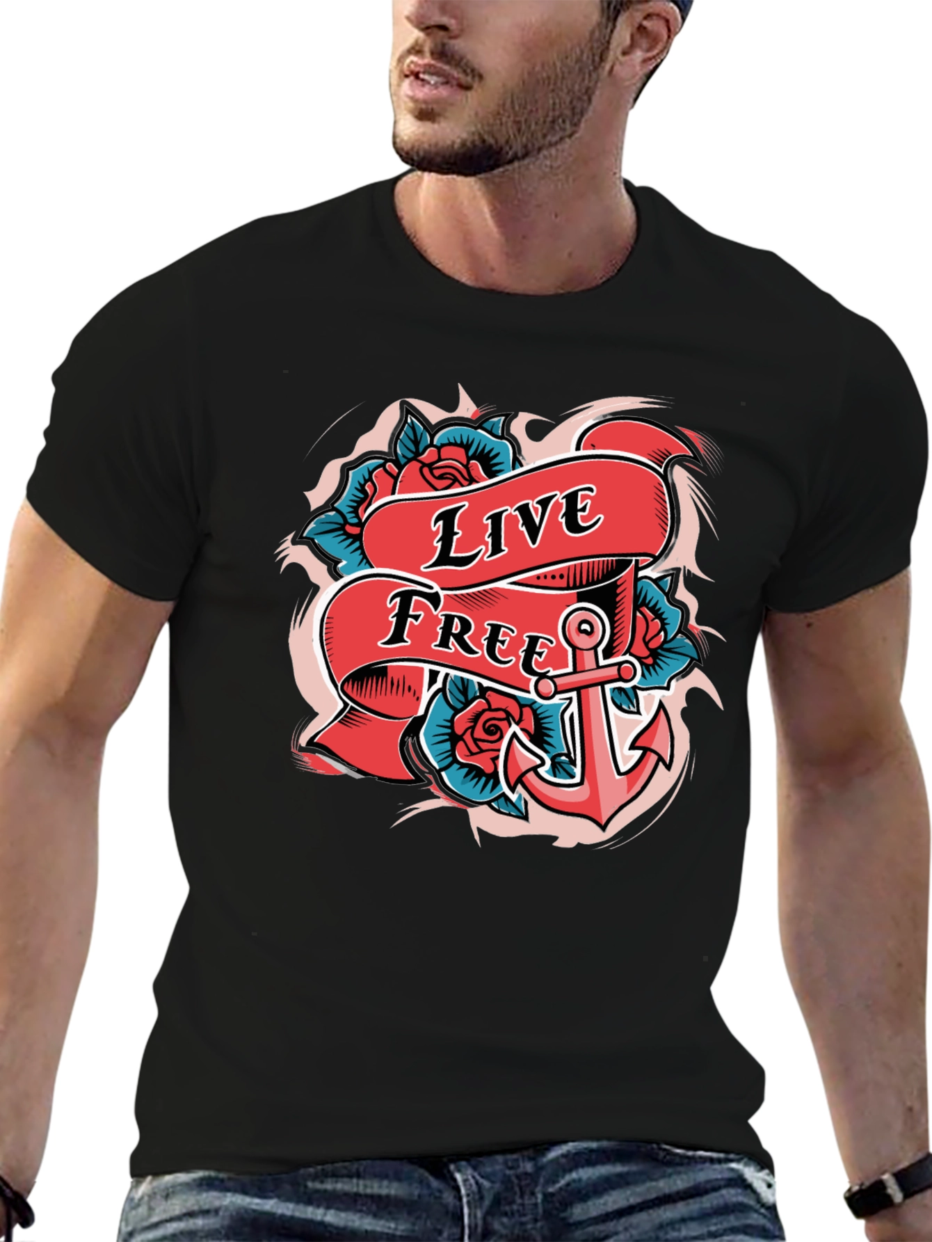 Live Free Anchor Tattoo Graphic T-Shirt