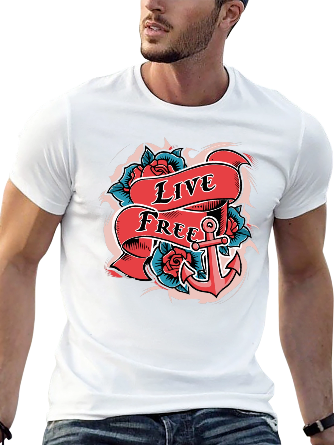 Live Free Anchor Tattoo Graphic T-Shirt