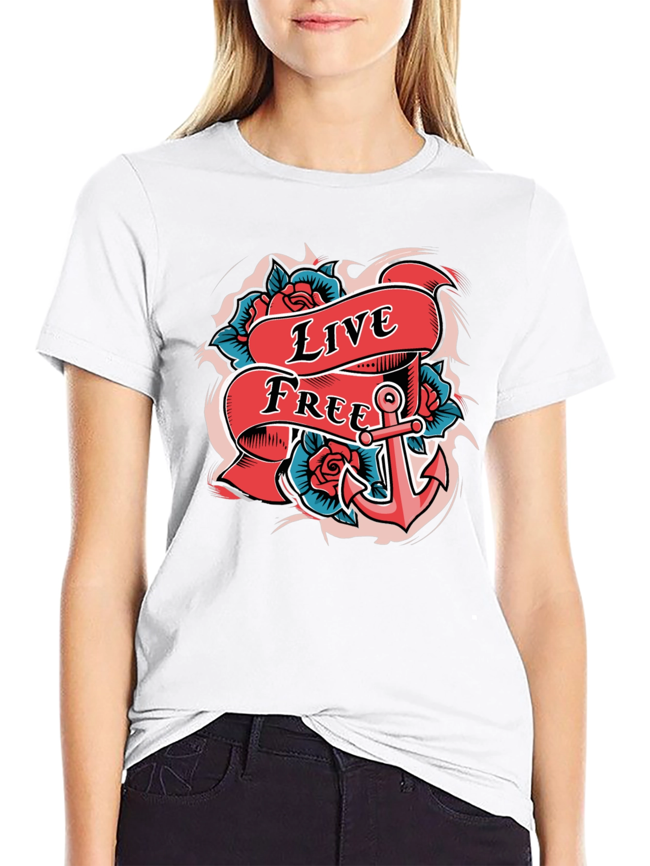 Live Free Anchor Tattoo Graphic T-Shirt