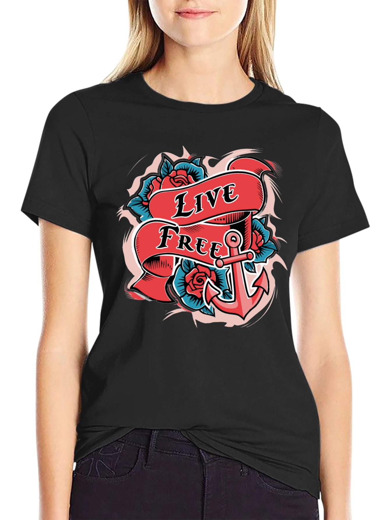 Live Free Anchor Tattoo Graphic T-Shirt