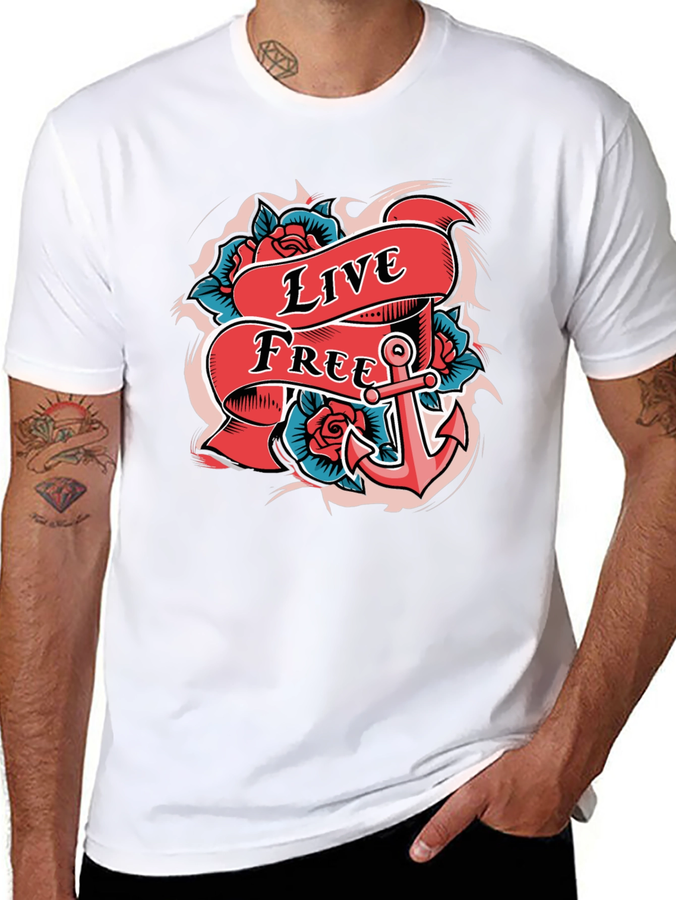 Live Free Anchor Tattoo Graphic T-Shirt