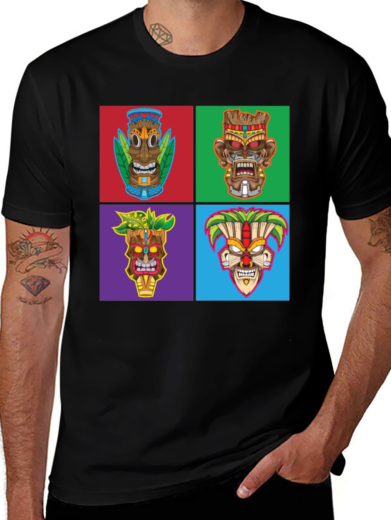 Tiki Masks Graphic Print Black T-Shirt