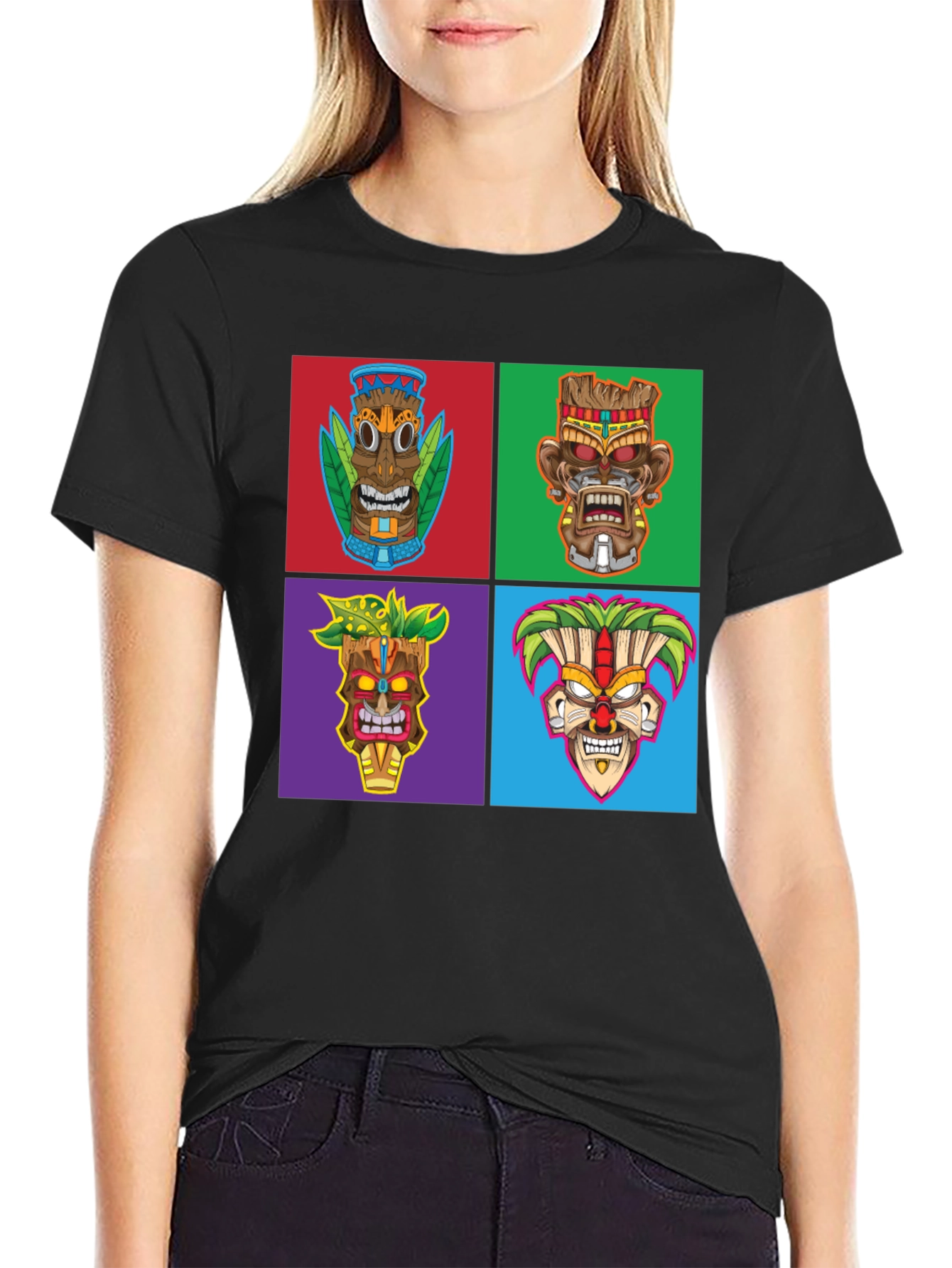 Tiki Masks Graphic Print Black T-Shirt