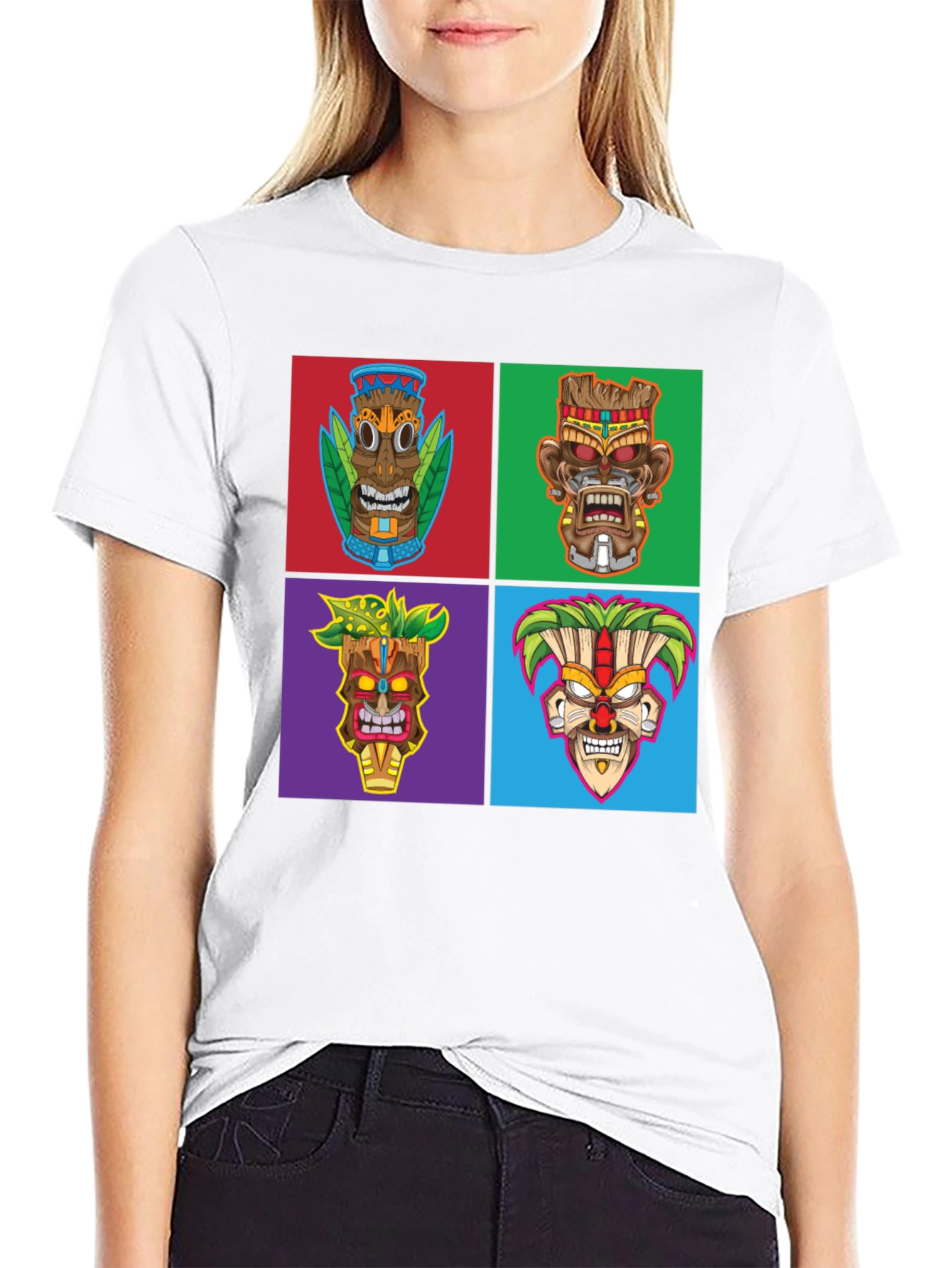 Tiki Masks Graphic Print Black T-Shirt