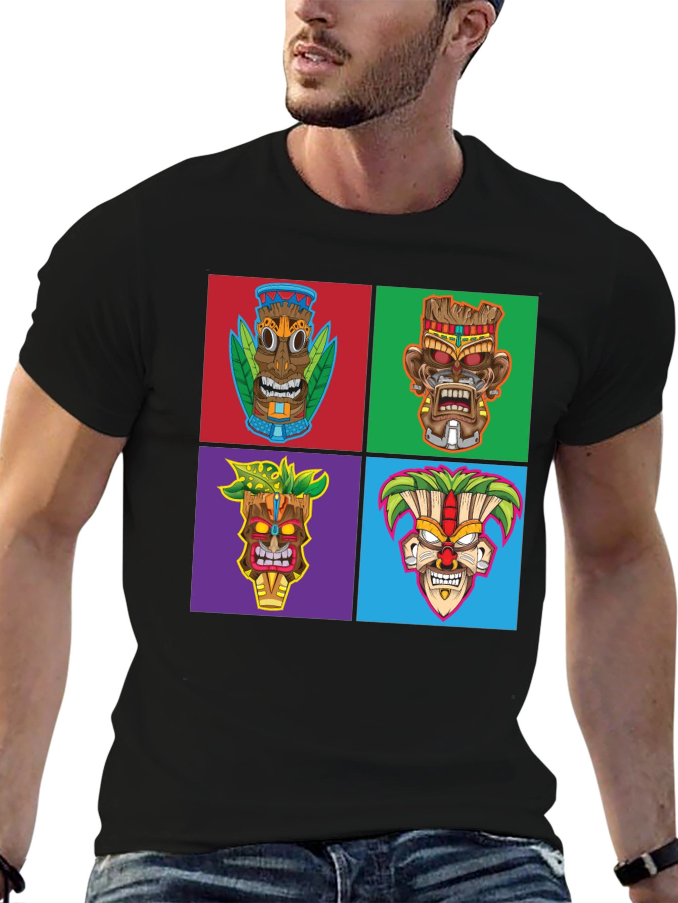 Tiki Masks Graphic Print Black T-Shirt