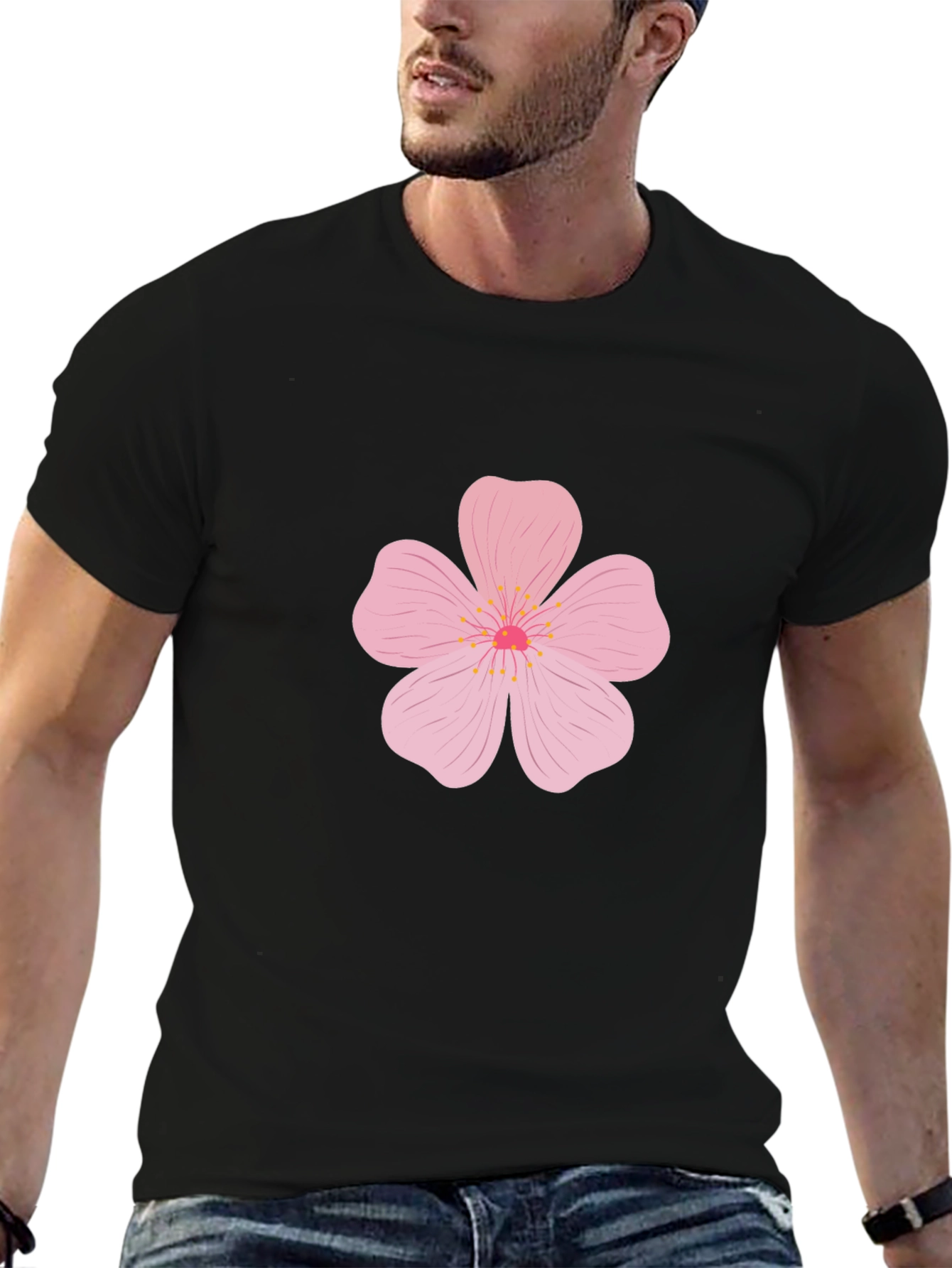 Mens Black T-Shirt with Pink Flower Design