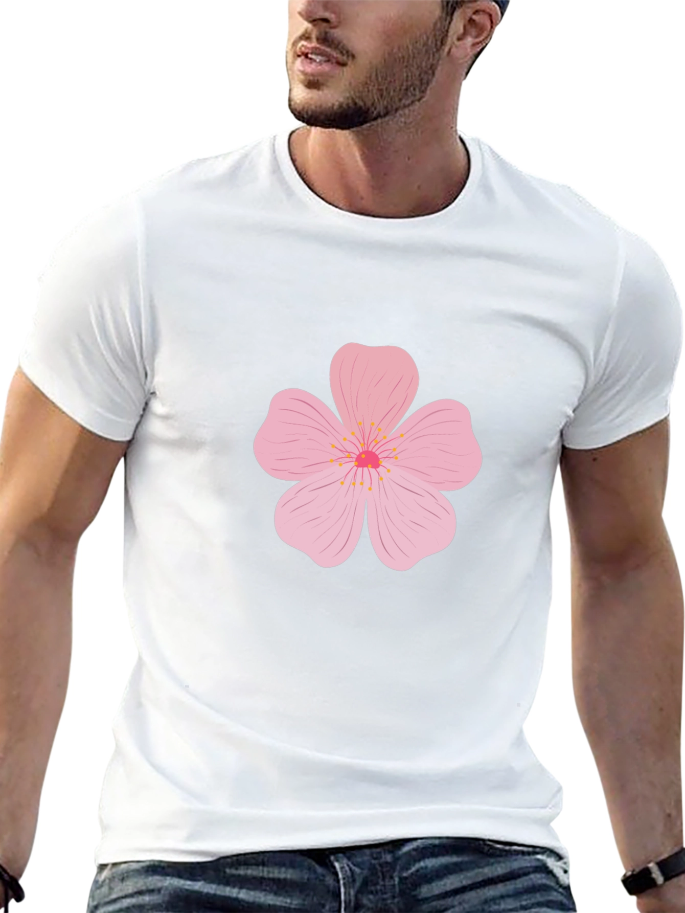 Mens Black T-Shirt with Pink Flower Design