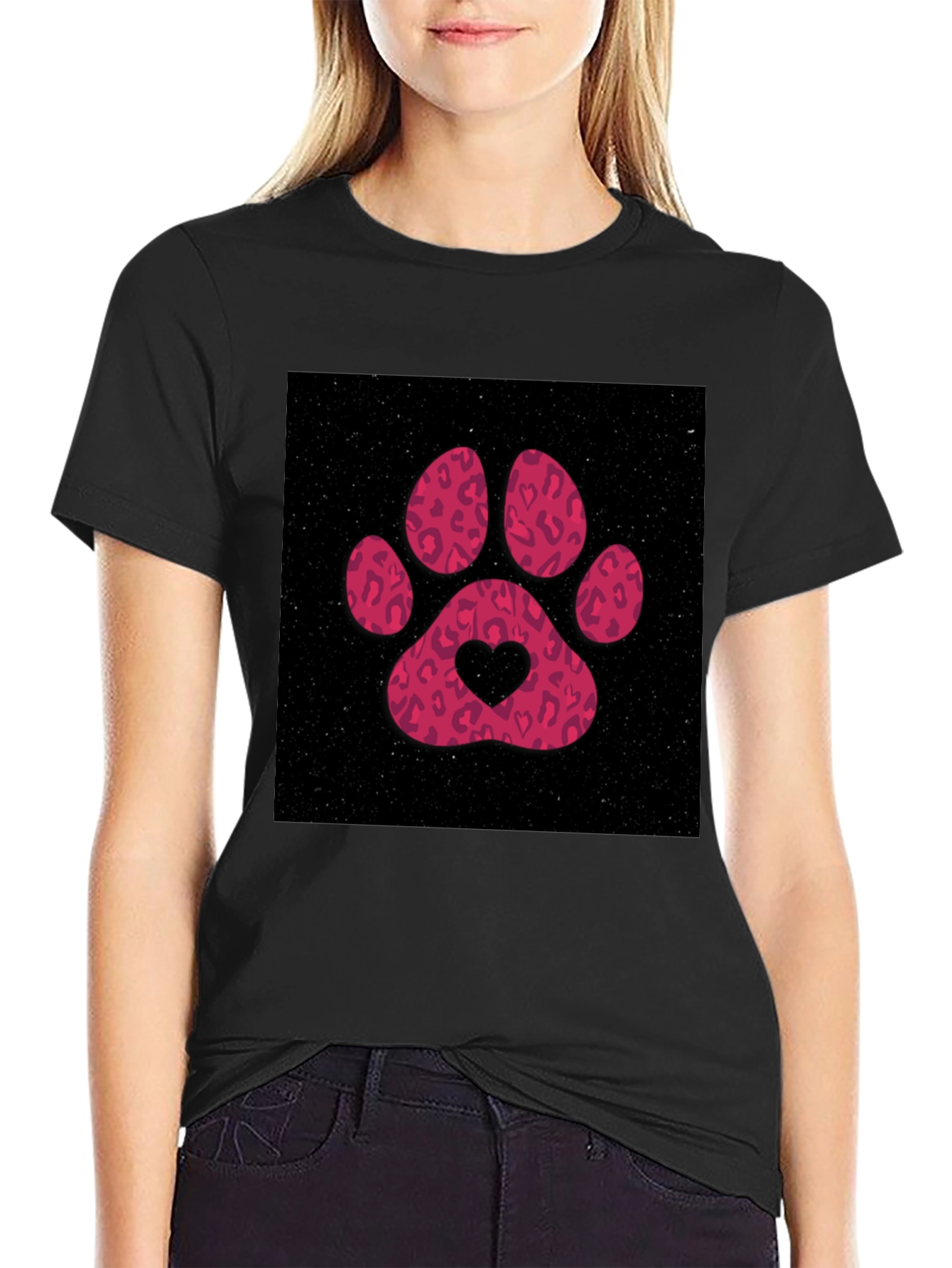 Paw Print Heart Graphic Tee - Casual Black T-Shirt
