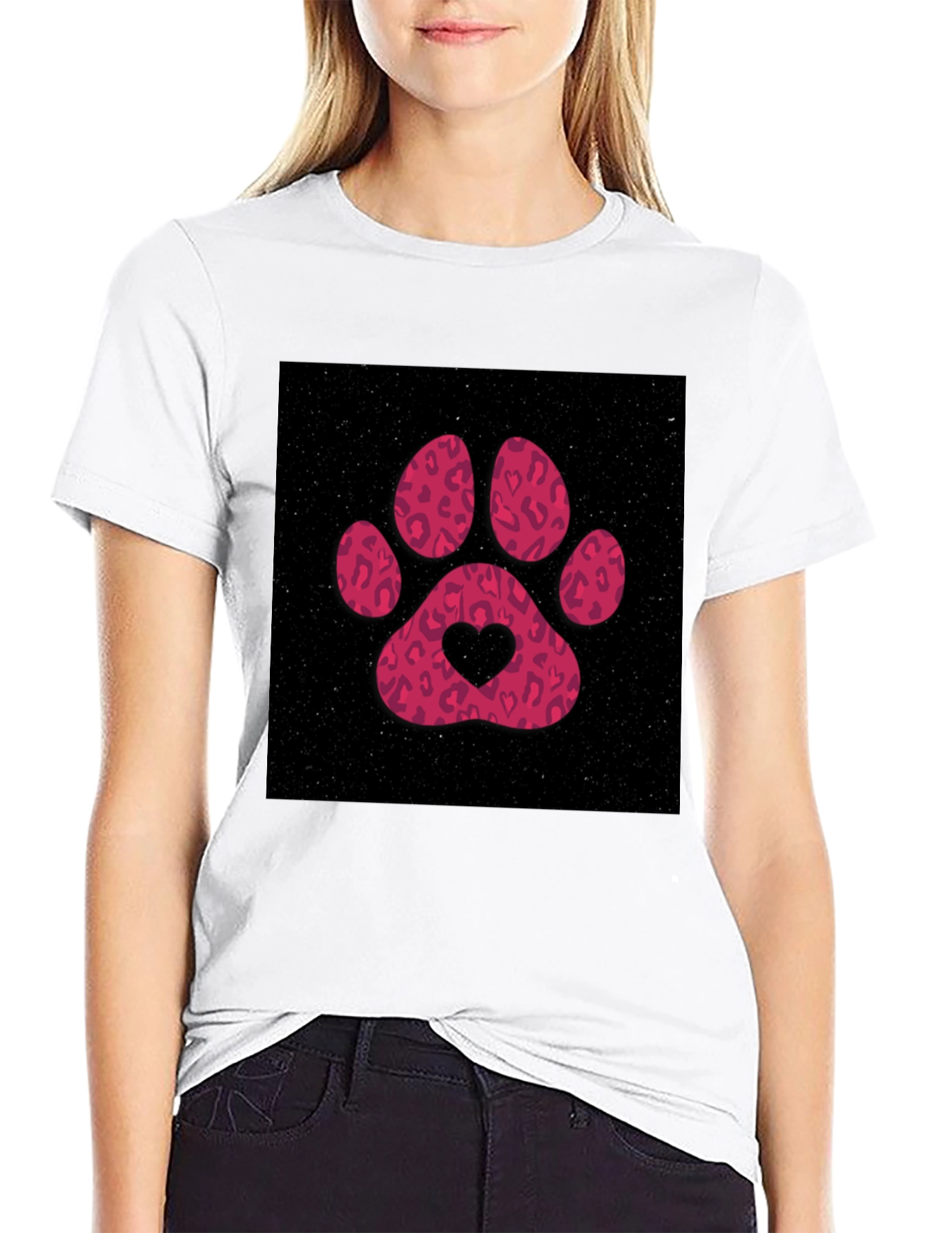 Paw Print Heart Graphic Tee - Casual Black T-Shirt