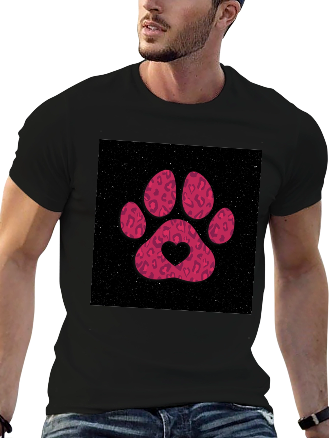 Paw Print Heart Graphic Tee - Casual Black T-Shirt