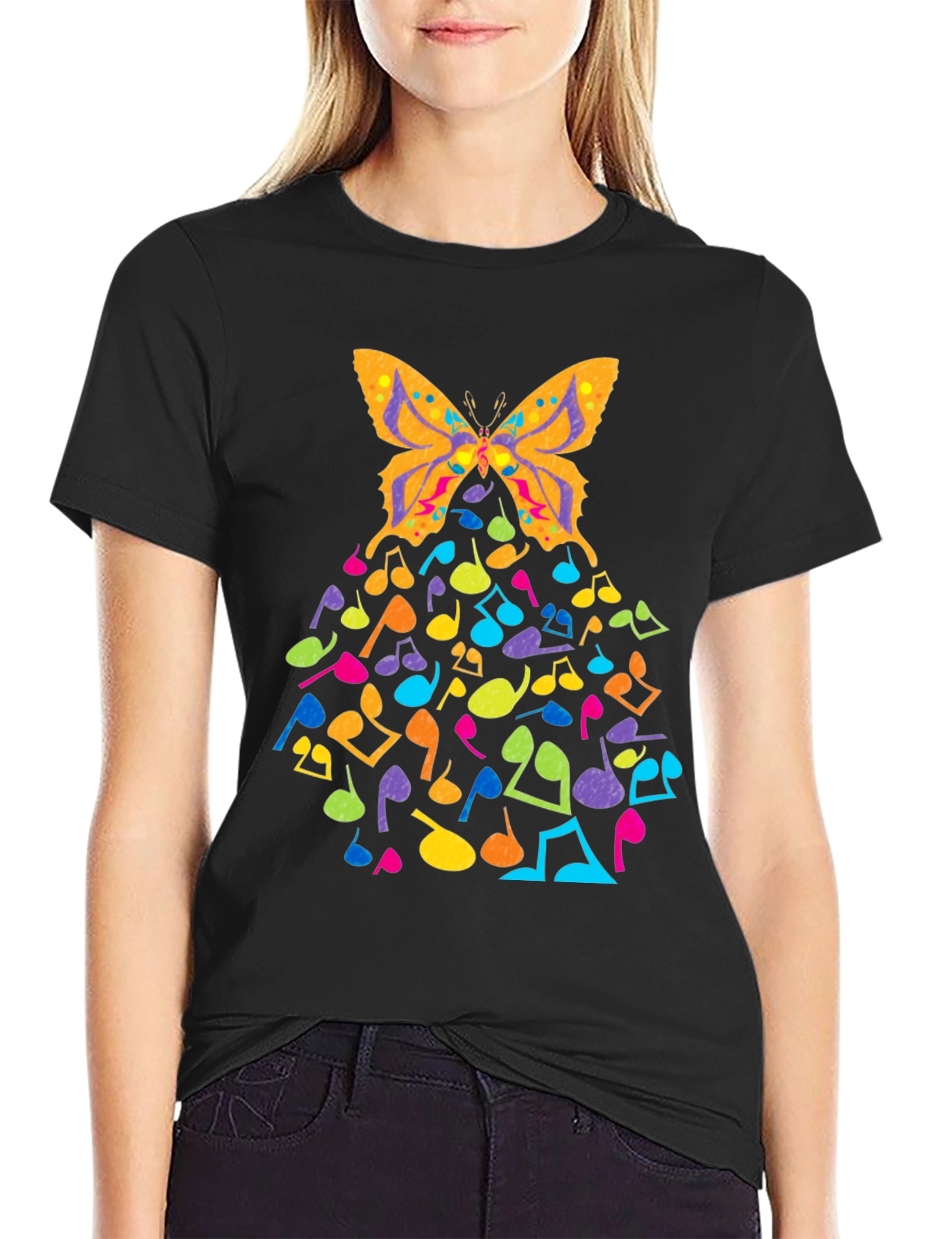 Butterfly Music Notes Graphic Black T-Shirt