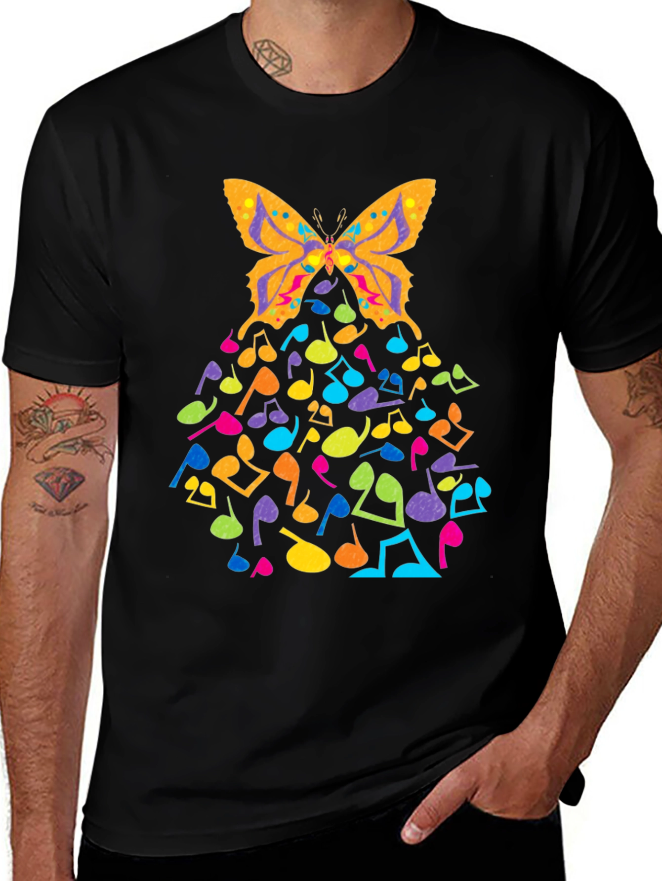 Butterfly Music Notes Graphic Black T-Shirt