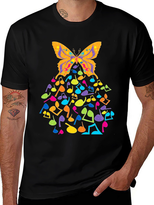 Butterfly Music Notes Graphic Black T-Shirt