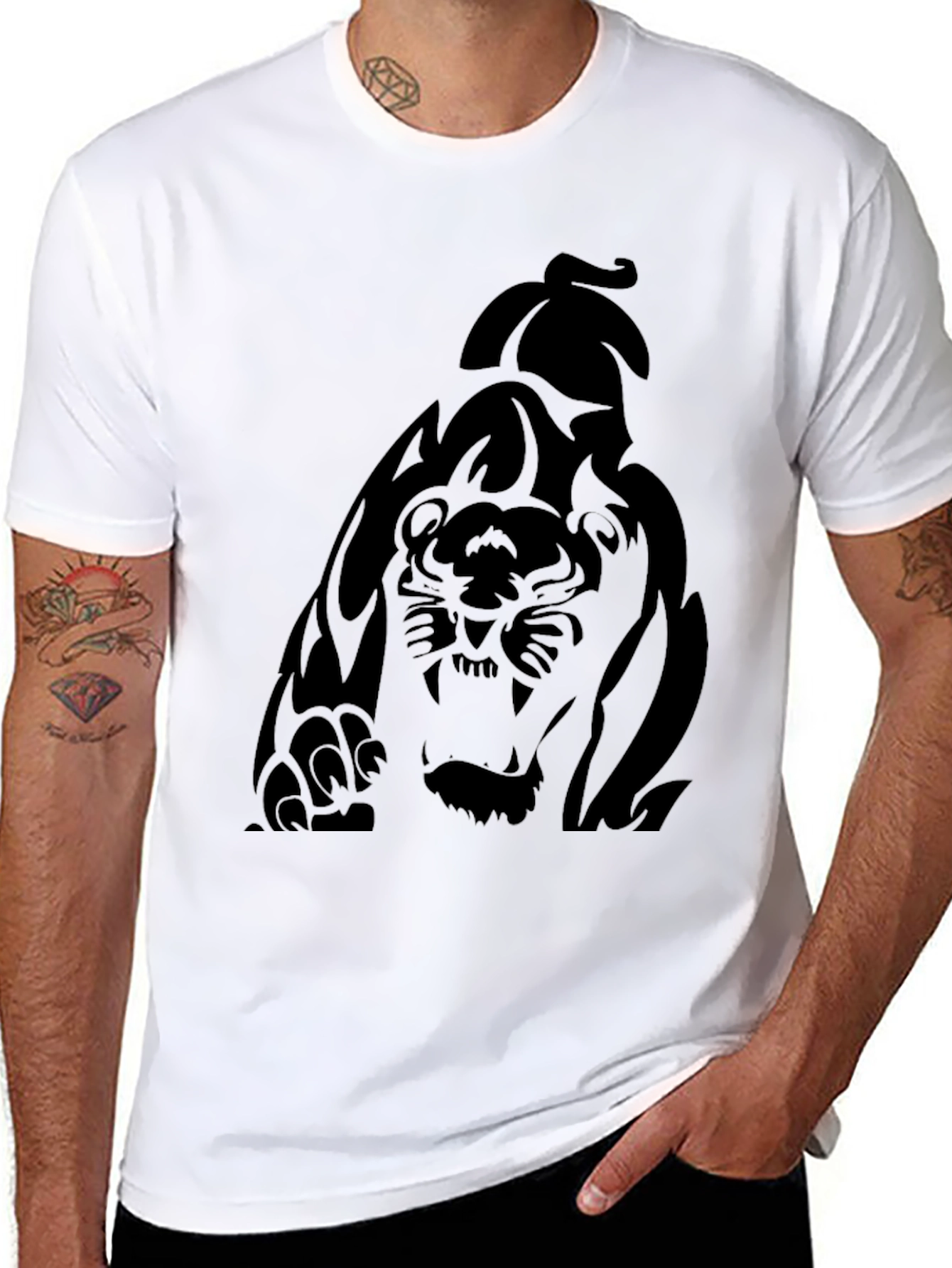 Mens Black Graphic Tee - Tiger Print