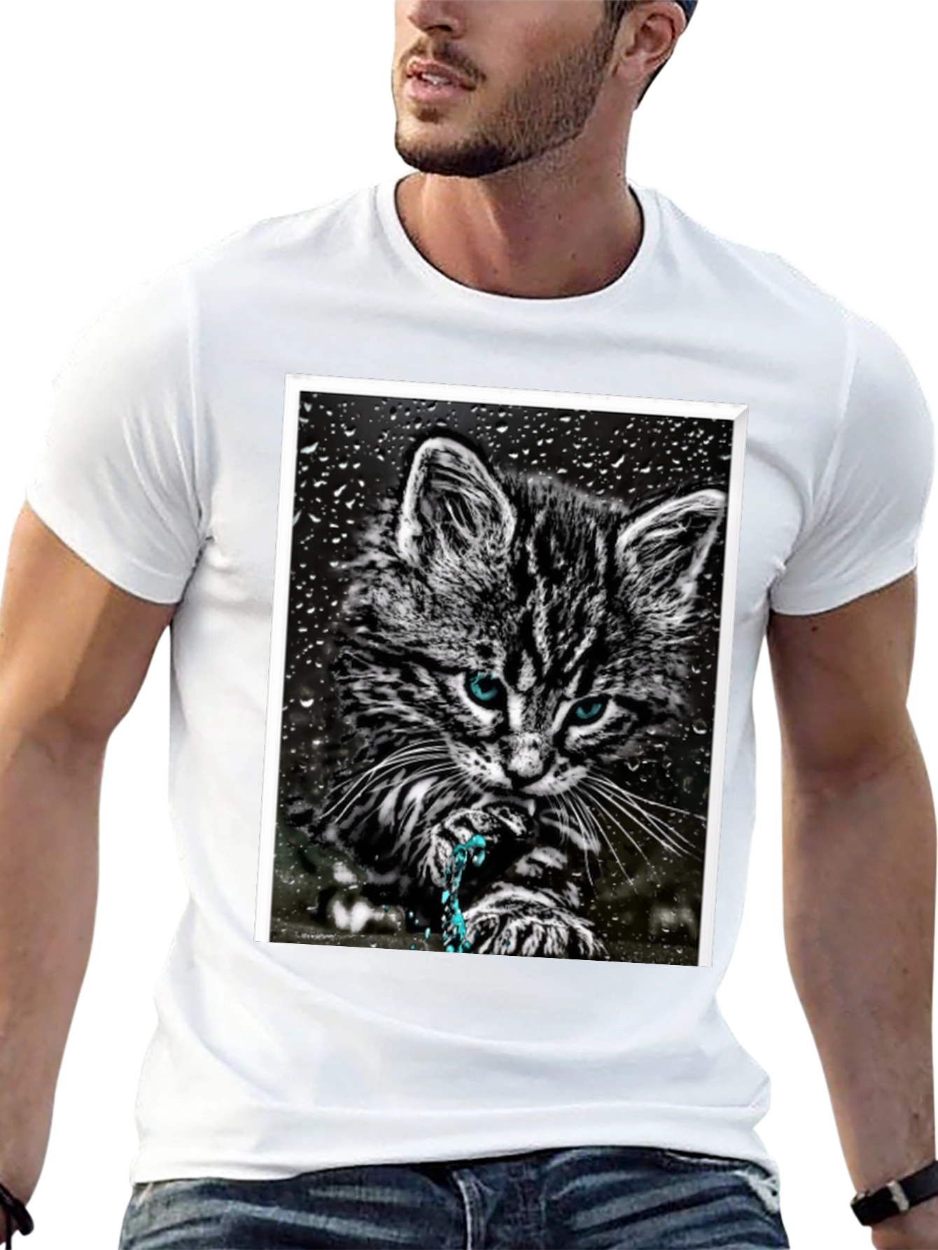 Cat on Rainy Window Graphic T-Shirt