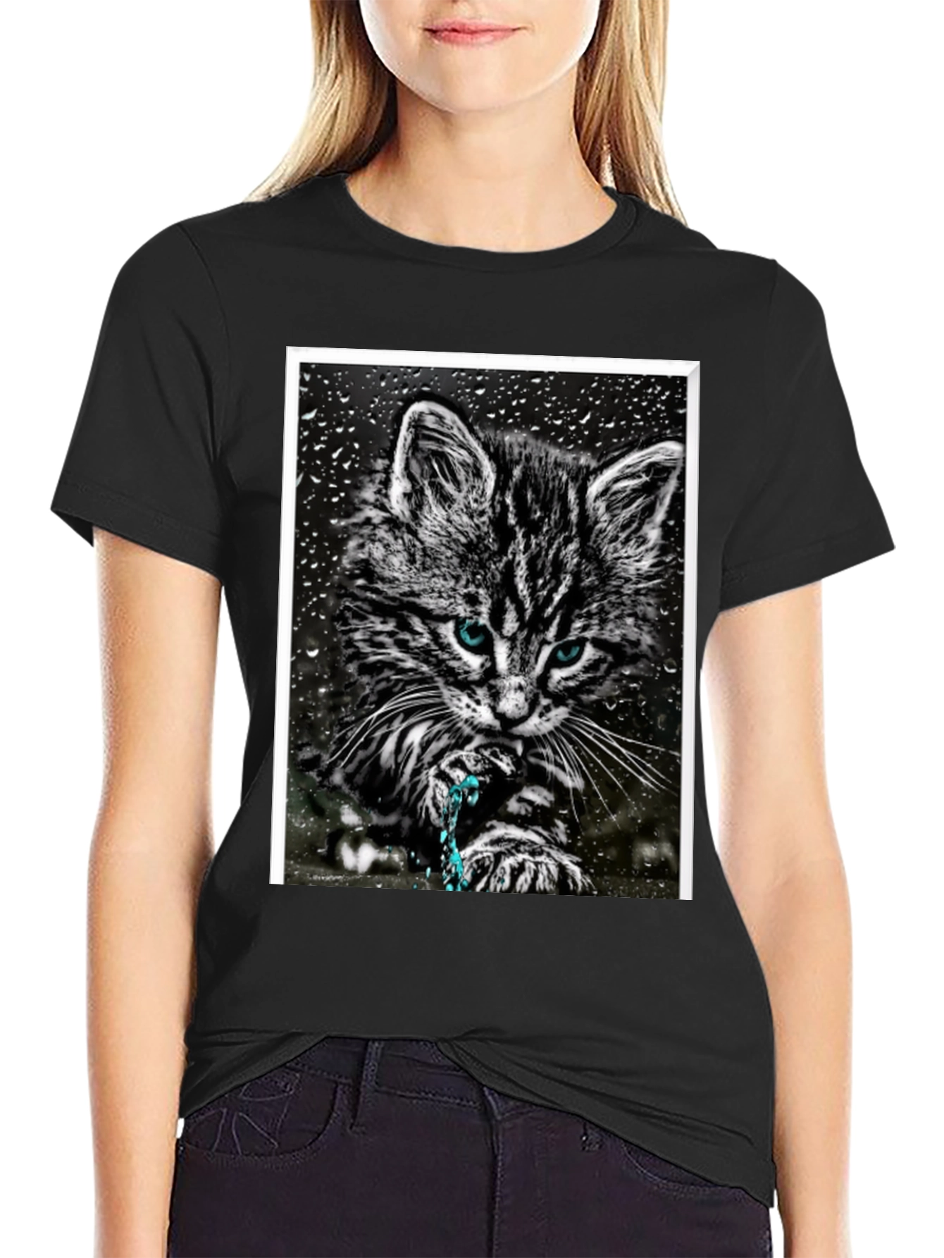 Cat on Rainy Window Graphic T-Shirt