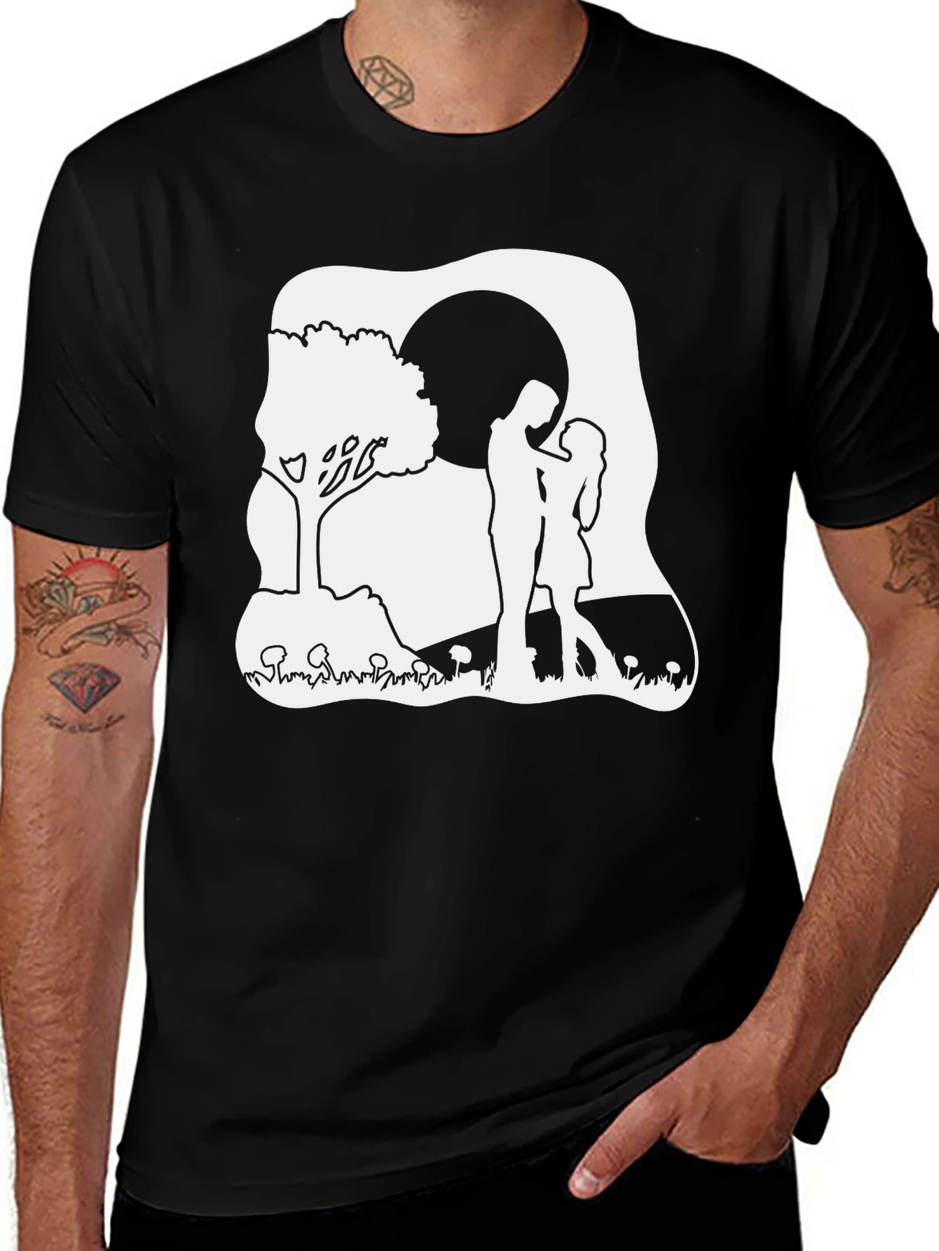 Romantic Couple Moon Tree Black T-Shirt