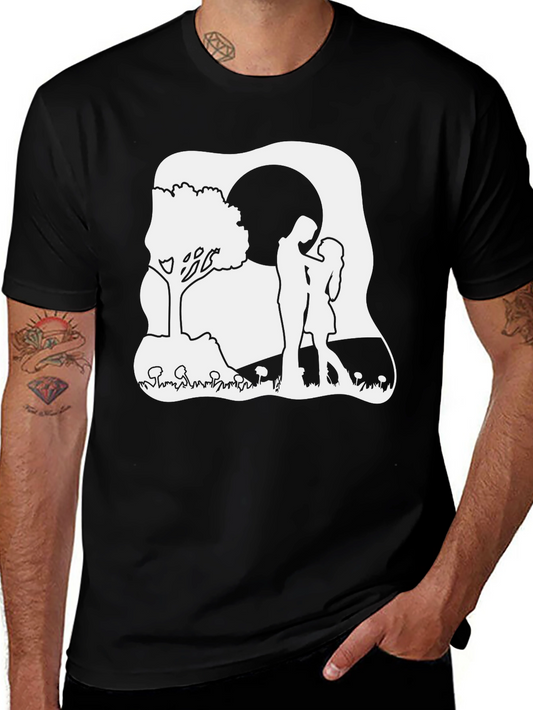 Romantic Couple Moon Tree Black T-Shirt