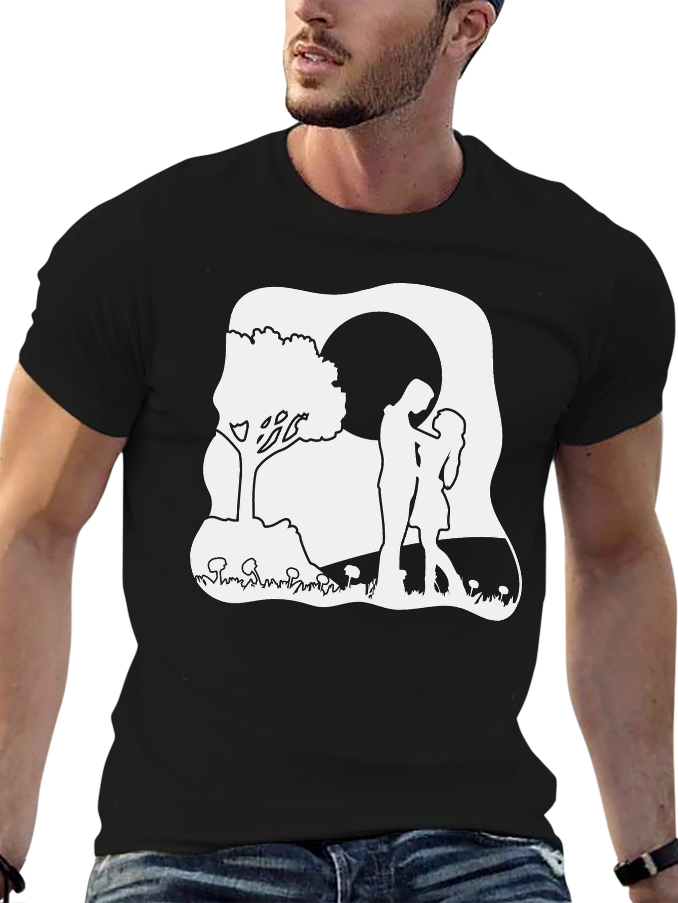 Romantic Couple Moon Tree Black T-Shirt