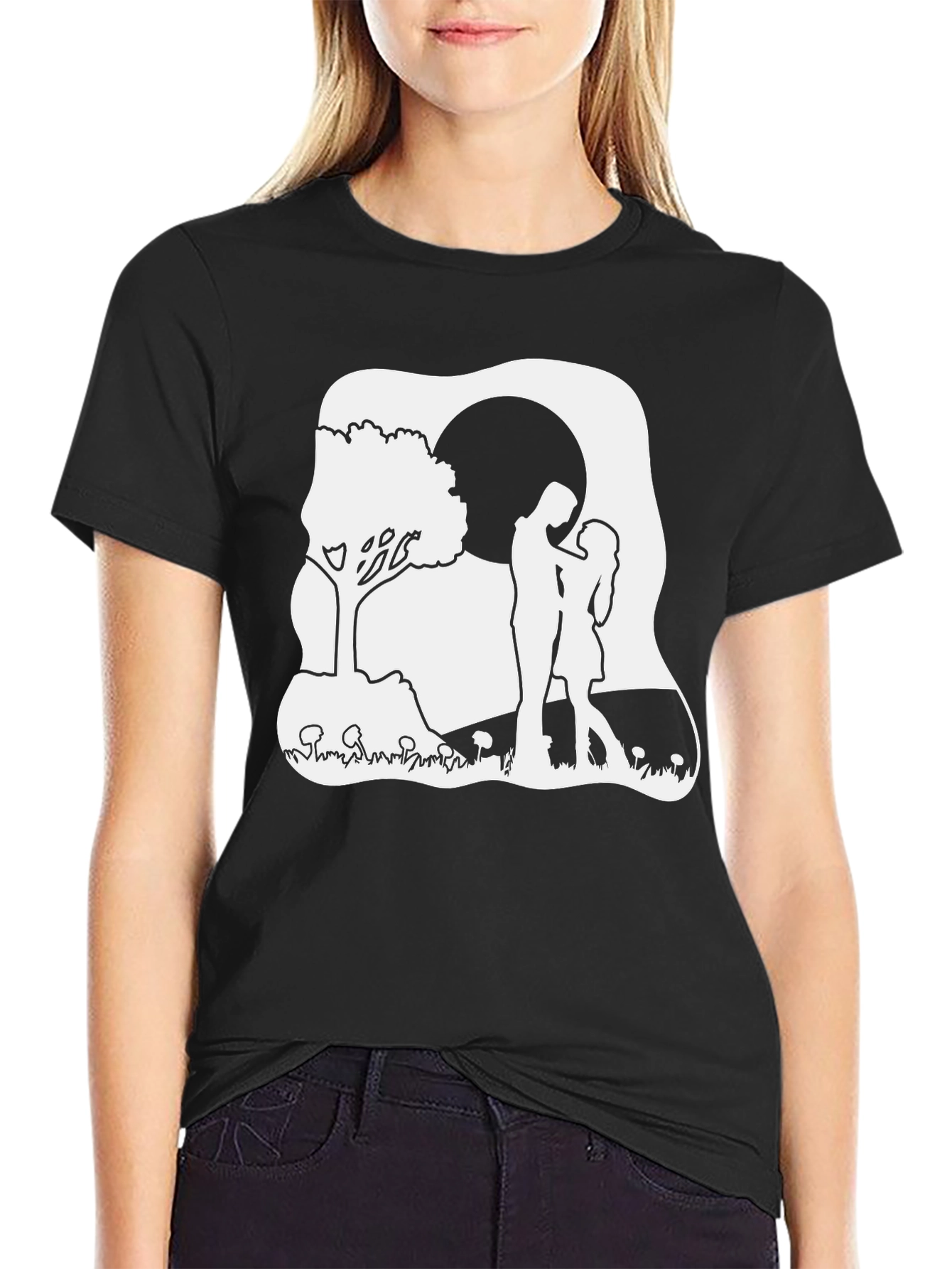 Romantic Couple Moon Tree Black T-Shirt