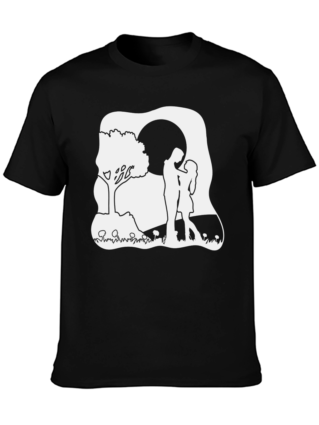 Romantic Couple Moon Tree Black T-Shirt