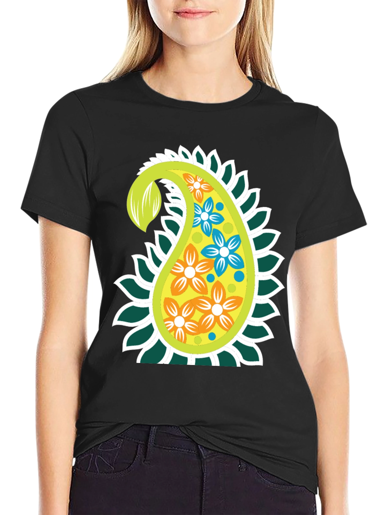 Paisley Flower Graphic Print Black T-Shirt