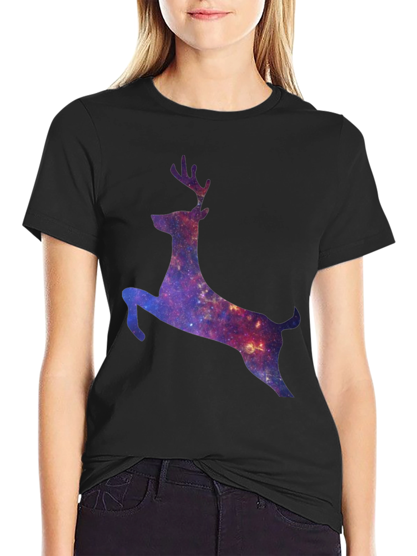 Galaxy Deer Graphic Tee - Black Cotton T-Shirt