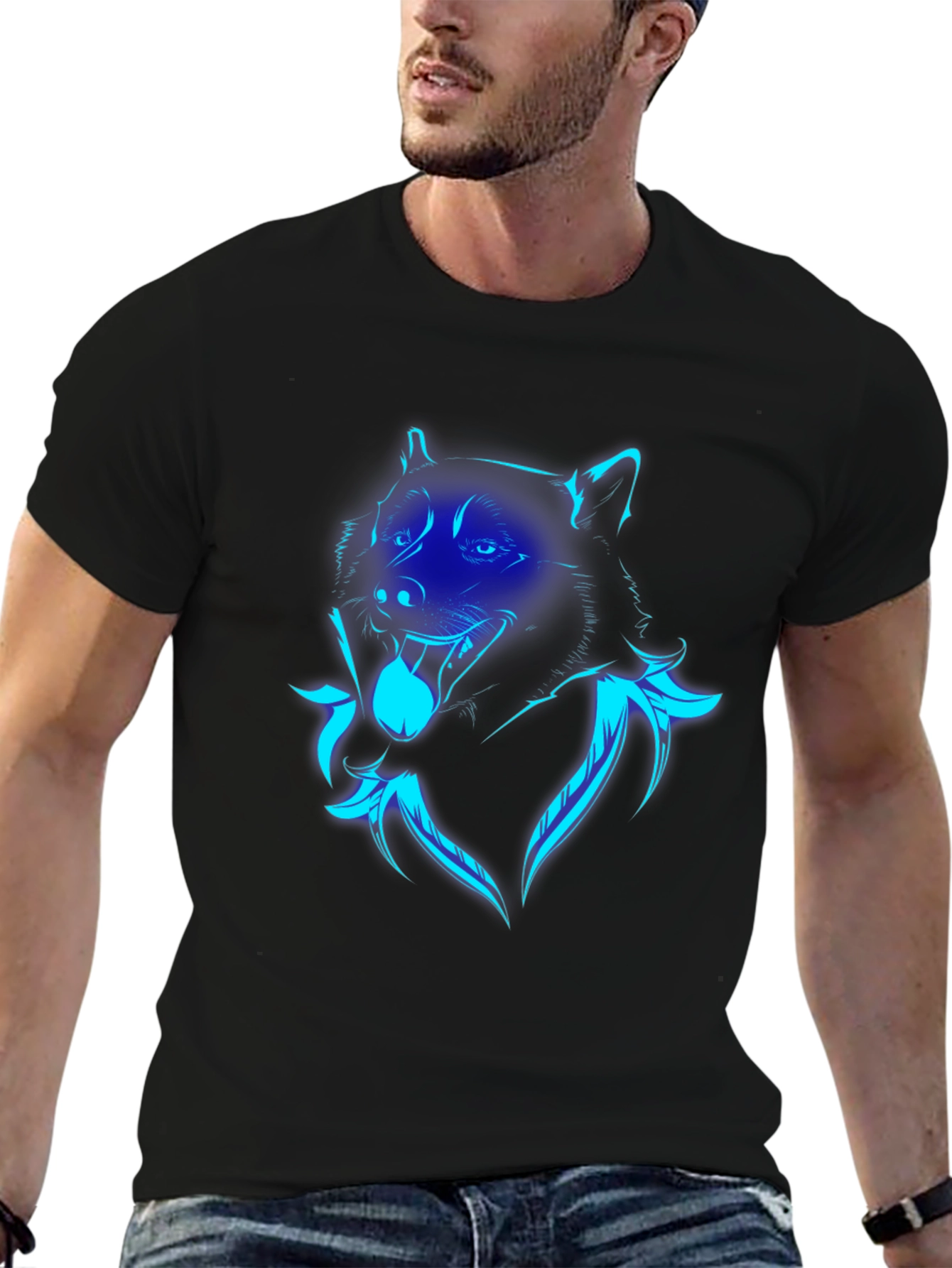 Neon Wolf Graphic Print Black T-Shirt