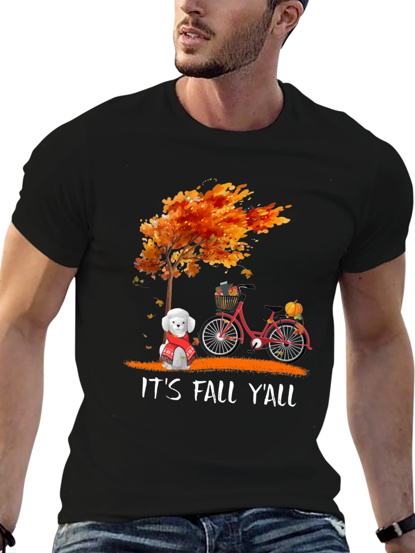 Fall Yall T-Shirt: Autumn Tree Dog & Bike Design